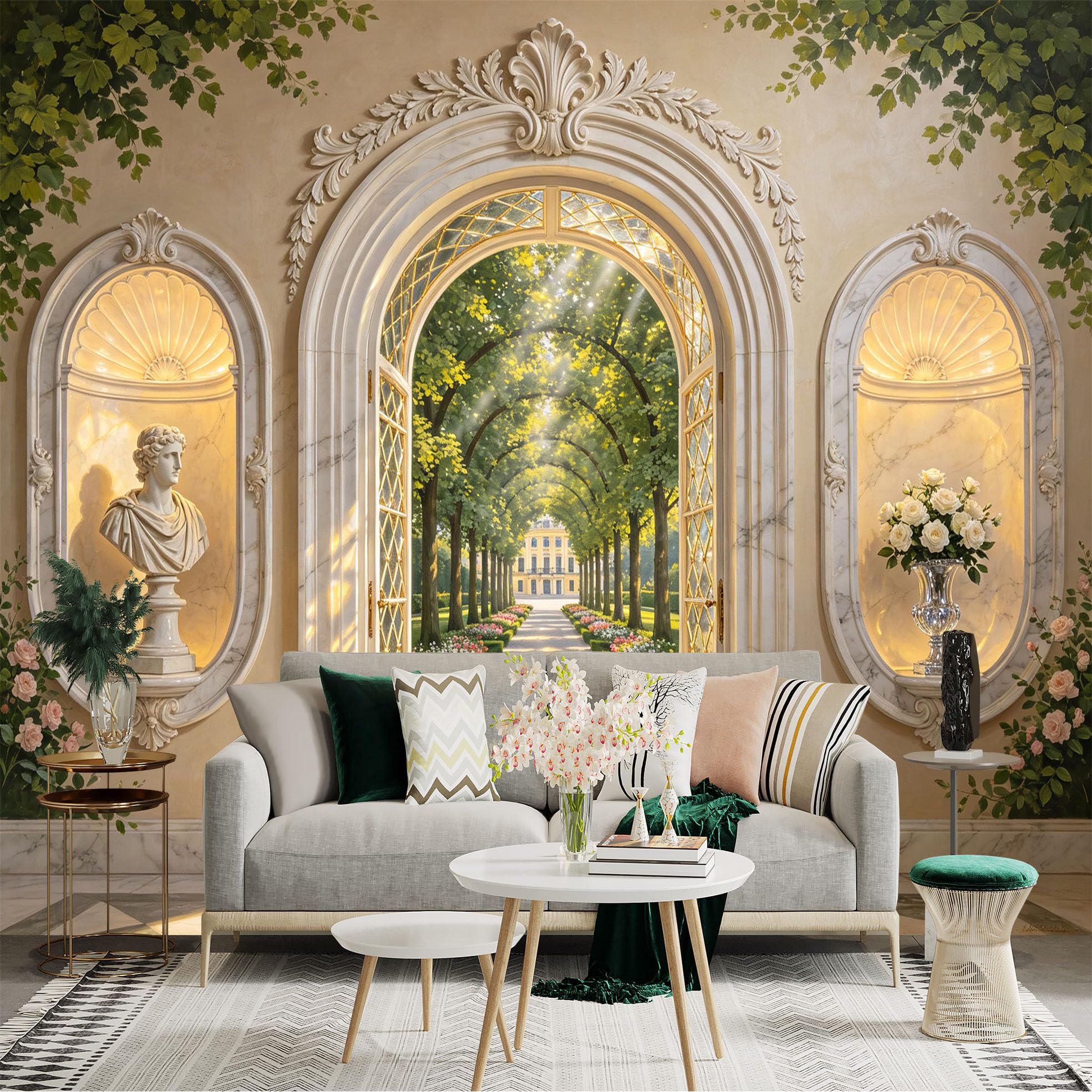 Lnzczhyre Bh260719491 Custom Size Wall Sticker Mural， Classical Archway With Statue， Sunny Garden Path， Elegant Palace Entrance， For Wall Decoration， Peelandstick Wall Decals.