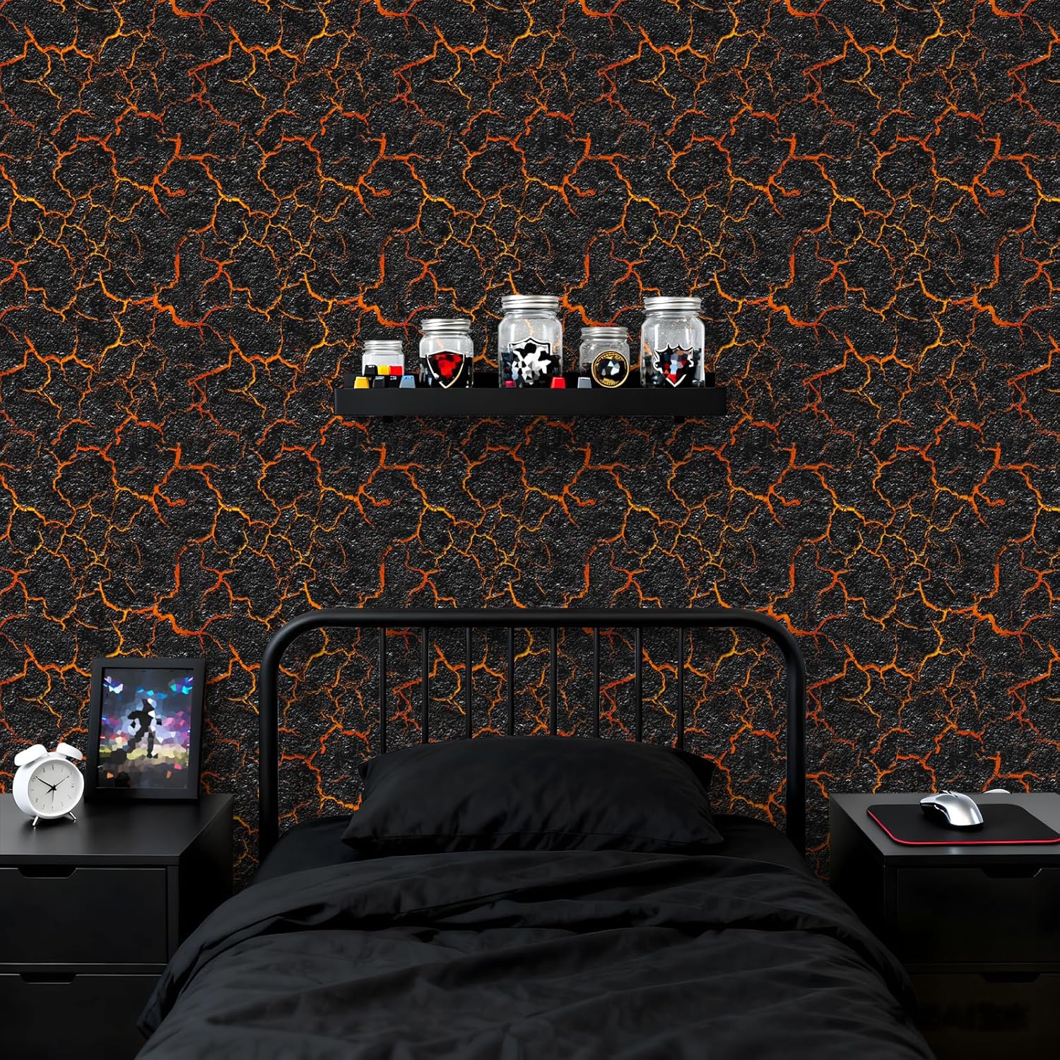 Lava Crack Wallpaper Peel and Stick - 17.3"x480" Volcanic Texture with Glowing Fissures, Self-Adhesive Vinyl for Accent Wall, Game Room, Feature Wall, Waterproof & Easy Install