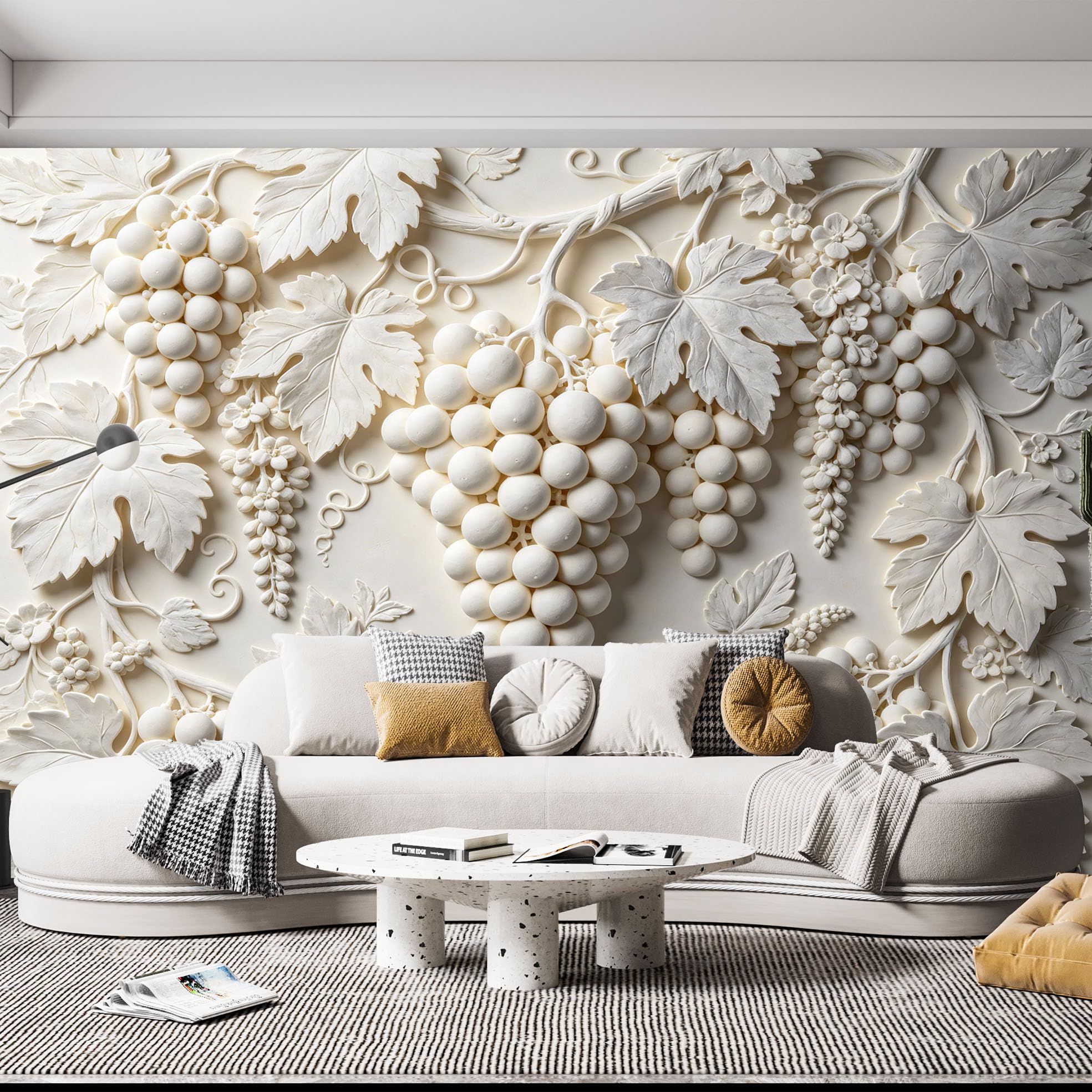 Malarstwo ścienne z winogron 3D tłoczone kiście winogron Botaniczna włóknina tapeta europejska vintage rzeźba winnicy fototapeta 250 x 175 cm kremowo-biały akcent ściana do salonu i sypialni Druive