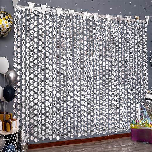 Disco Party Decorations, 2 Pack Disco Ball Photo Booth Props, 3.3x6.6 ft Silver Foil Fringe Curtains Photo Backdrop for Birthday 70s 80s, Decades, Taylor, New Years Eve Party Decor