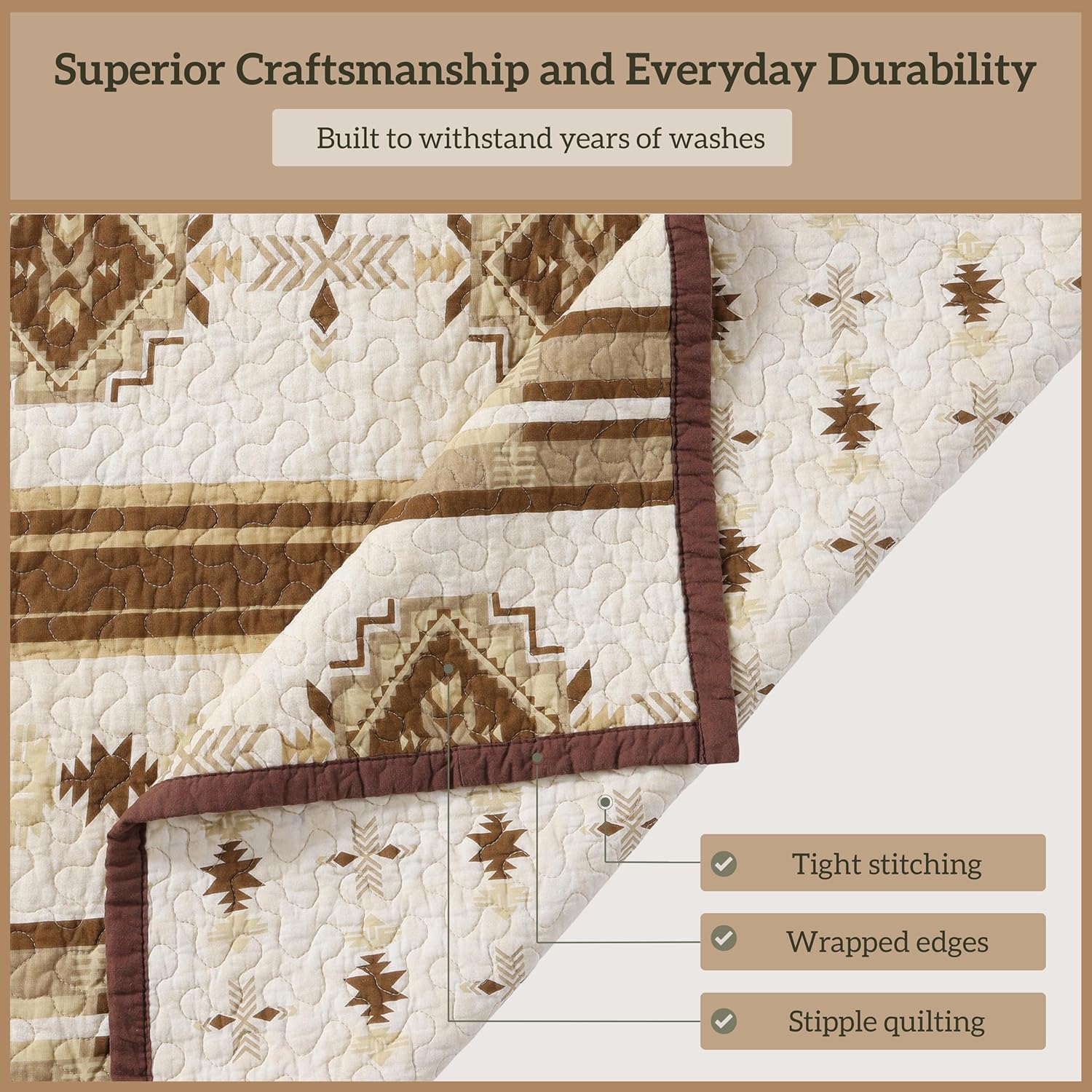 Paseo Road Dakota Queen Quilt Set, 3 Piece Rustic Western Bedding Set with Pillow Sham, Lightweight Reversible Cotton Quilt with Southwestern Aztec Pattern, Soft Breathable Cozy Boho Bedding - Image 5