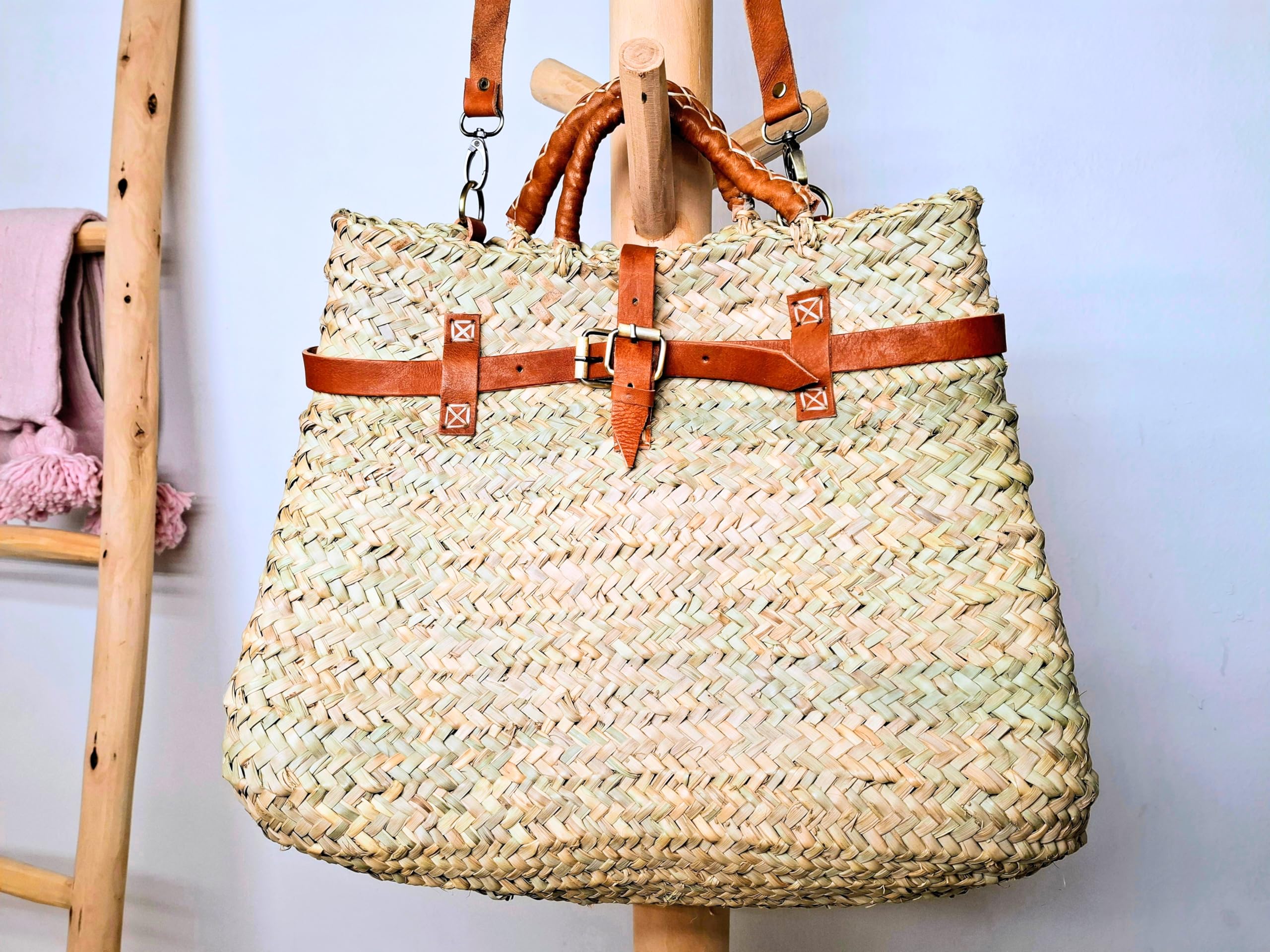 Bolso de Mimbre Mujer, Ratán, Artesanal Marroquí, Trenzado a Mano, Beige, Aprox. 40 cm x 33 cm x 17 cm, Asas de Cuero