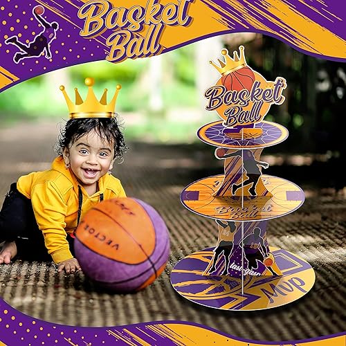 Miniatura 2 de Soporte para cupcakes de baloncesto MVP de 3 niveles con temática de baloncesto, decoración de fiesta de cumpleaños, torre de cupcakes para