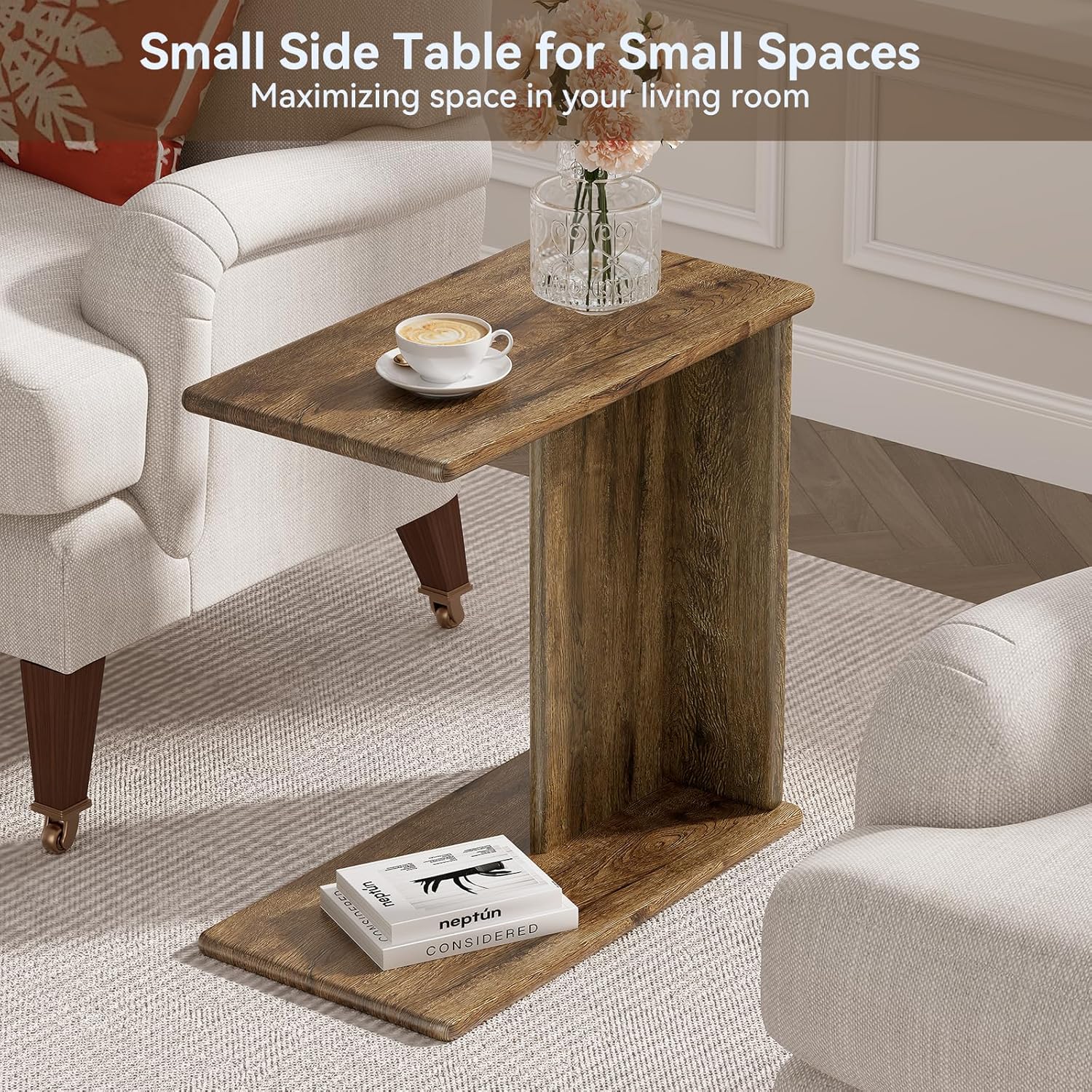 C-Shaped End Table for Couch, Small Side Table, Bedside Table for Sofa, Wooden Nightstand for Living Room Bedroom Laptop Work Desk, Easy Assembly, 23.6" D*11.8" W*23.6" H(Rustic Brown)