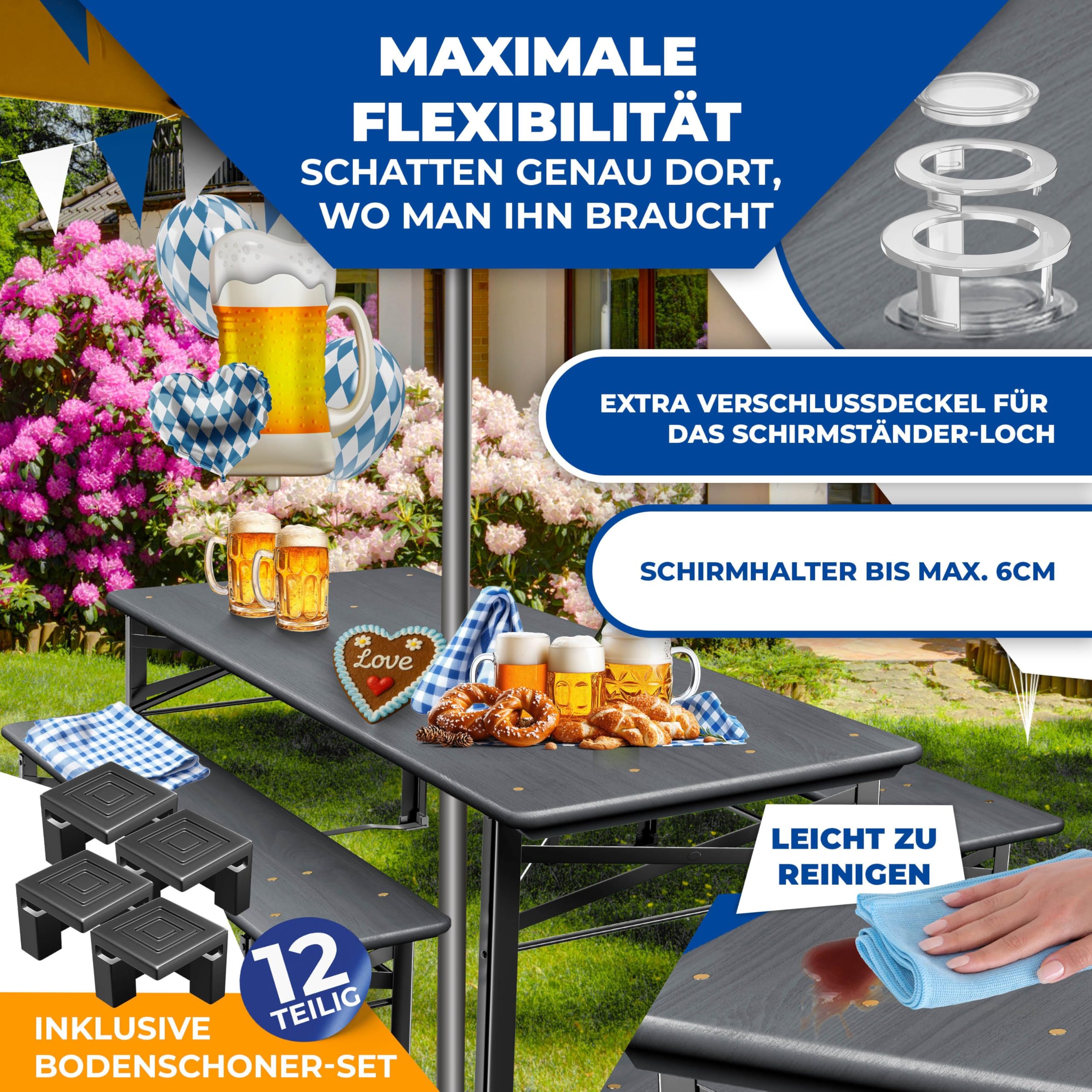 KESSER® Set di 3 mobili da giardino, pieghevole, 170 x 46 x 75 cm, 2 panche birra, 1 tavolo da birra, set in legno, 12 protezioni