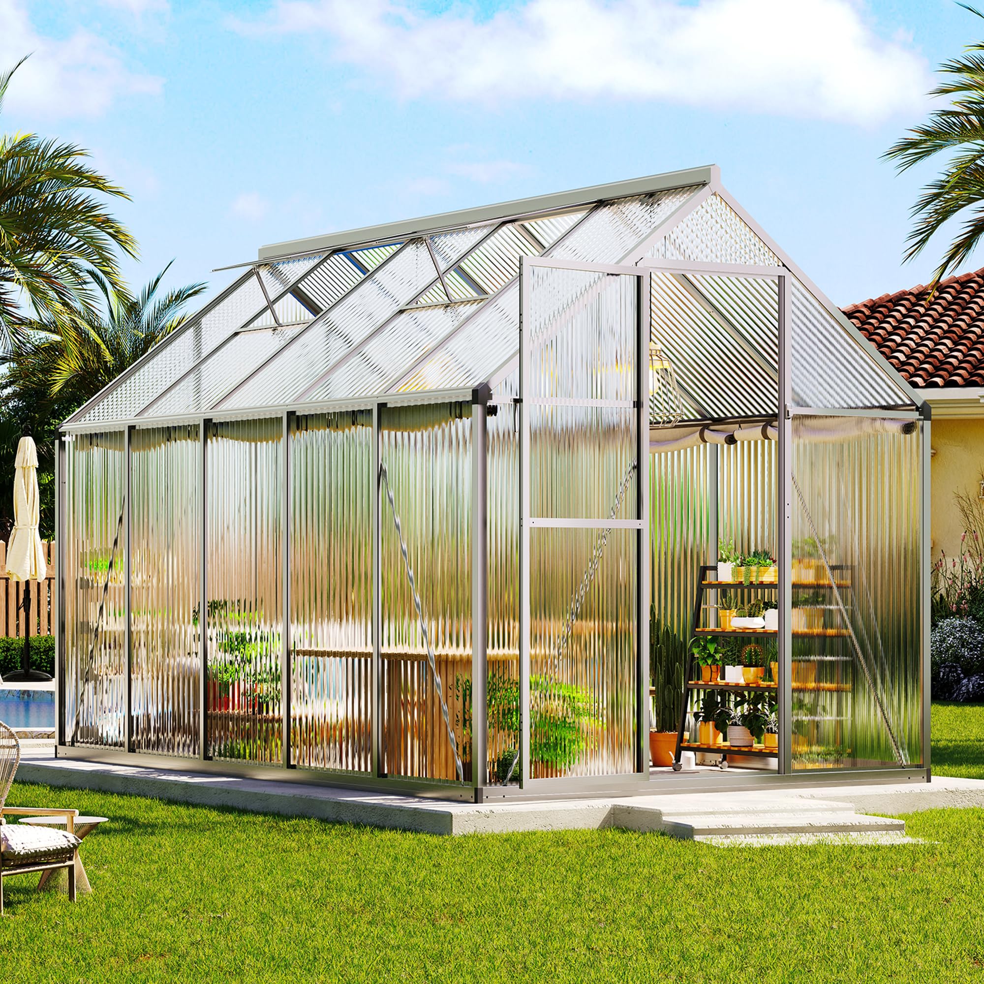 LUXOAK 181x303x195cm Gewächshaus mit Schnellmontage Verbindungen, stabilem Aluminiumrahmen und 2 Belüftungsfenstern, wetterfestes Hochleistungs-Gewächshaus für den Garten, Silber