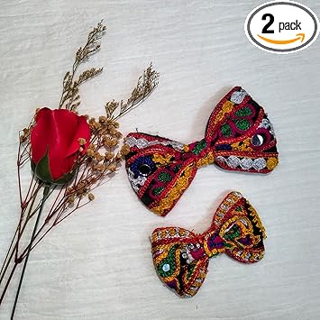 Hair Bow, Navratri Special Handcrafted Crochet Bow Ties, Hair Clip of Dandiya Night For Women Multicolour, Navratri Special Traditional Hair Accessories Collection (Set of 2)