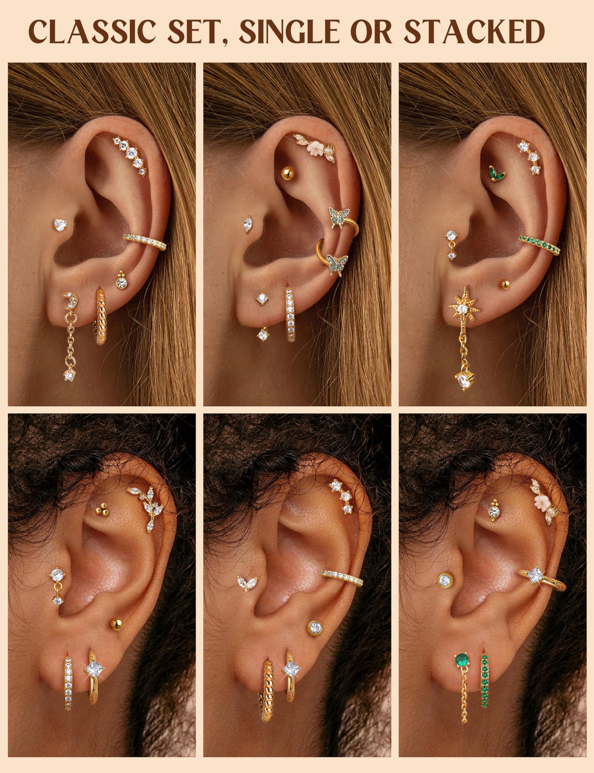 HMJGDHX 12 sztuk Helix Piercing biżuteria srebrne złote kolczyki dla kobiet chirurgiczne stalowe kolczyki z płaskim tyłem Rook Daith Conch Tragus Piercing biżuteria małe Helix Hoop kolczyki na