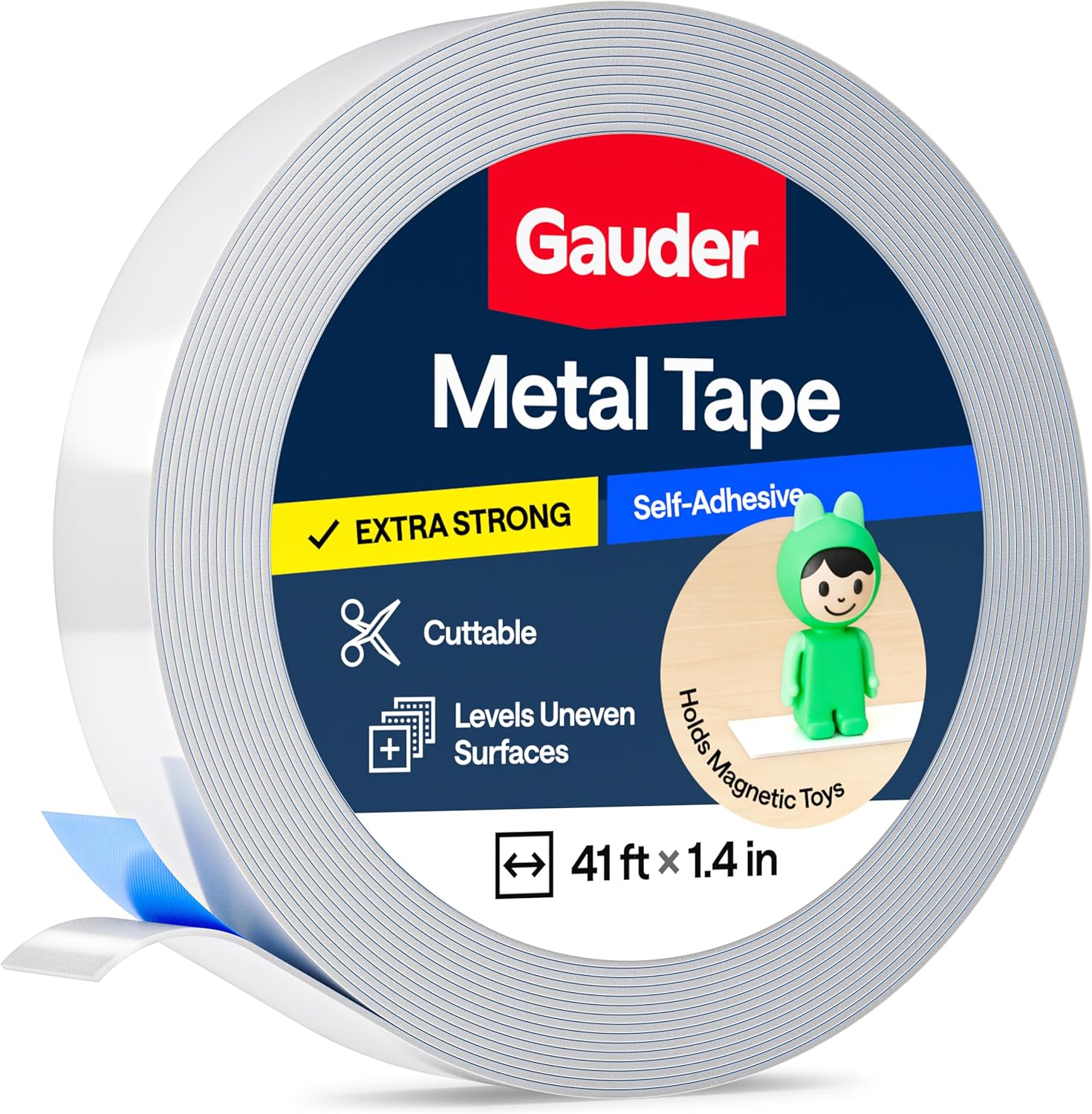 GAUDER Self-Adhesive Metal Tape - Ideal for Tonie Figures & Shelves - Holding Surface for Magnets - Ferrous Tape with Foam Adhesive - Thin Metal Steel Strip (41 ft x 1.4 in)