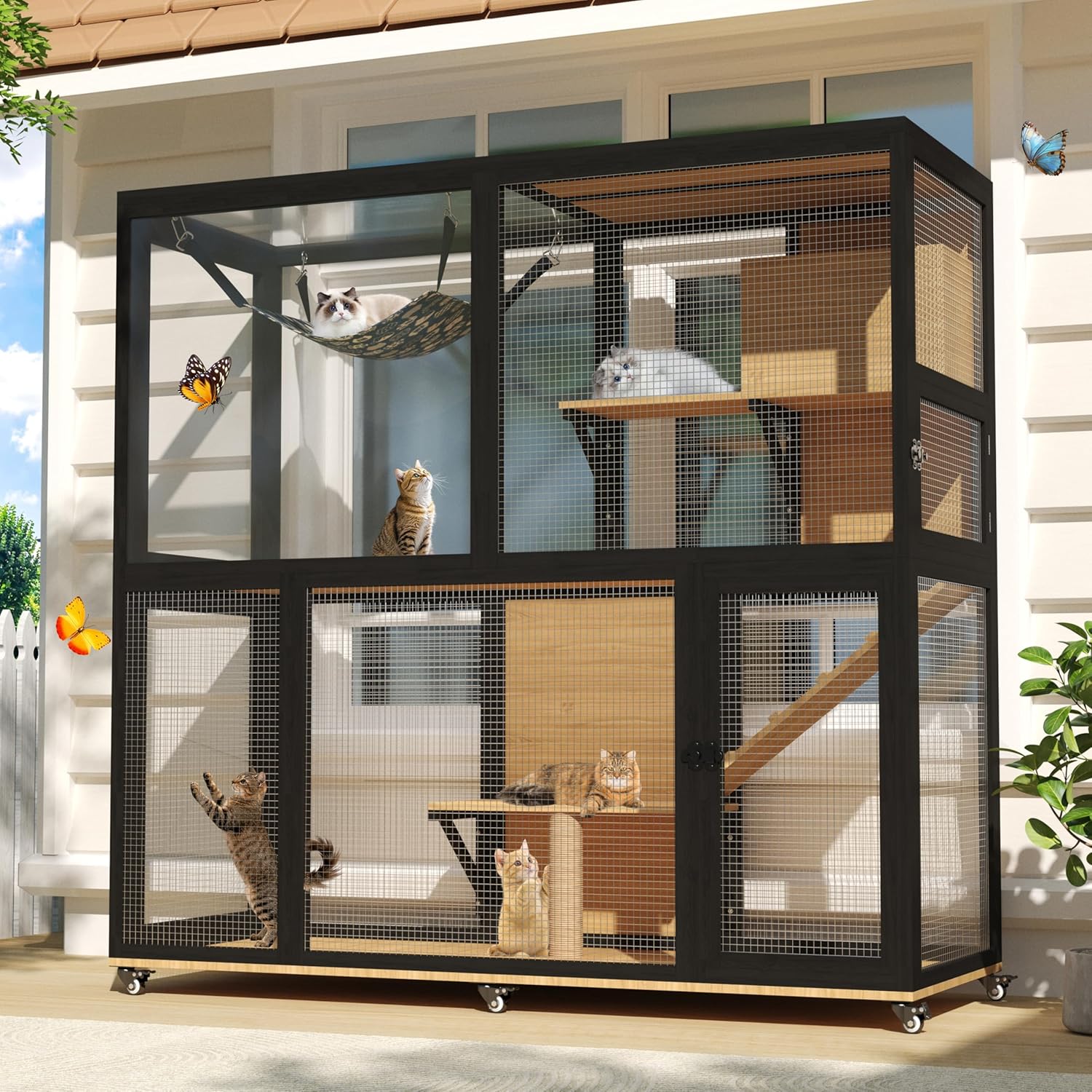 Catio Outdoor Cat Enclosure on Wheels, 4 Tier Large Cat House for Multiple Cats with Resting Box and Hammock, Indoor Wooden Kitty Cage with 4 Access Doors, Platforms and Sunshine Roof (Black)