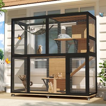 Catio Outdoor Cat Enclosures, 4-Tier Cat House with Wheels, Black | Large Wooden Window Catio Cats Cage with Weatherproof Roof, Hammock, Platforms, Scratching Post for Multiple Kitty Indoor