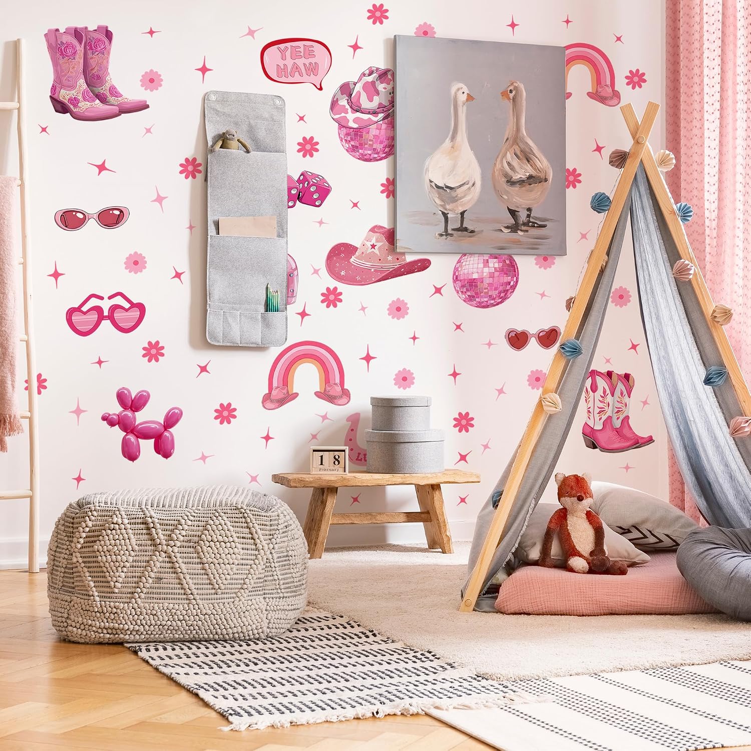 Pink Cowgirl Wall Decal, Trendy Retro Boots Horseshoe Iron Hat Disco Ball Wall Stickers,Preppy Hat Cow Disco Ball Flower Murals Decor,for Bedroom Living Room Bedroom Classroom Office Nursery