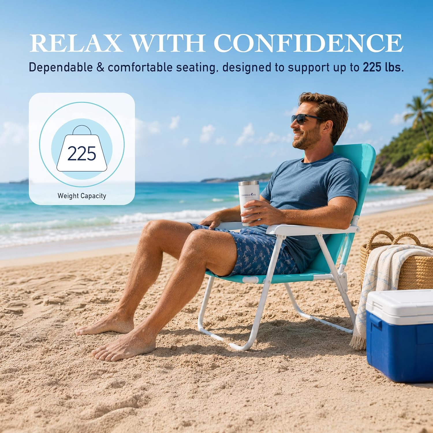 CARIBBEAN JOE Folding Beach Chair, 1 Position Lightweight and Portable Foldable Outdoor Camping Accessories with Carry Strap (Bold Stripe, 225lbs Capacity)