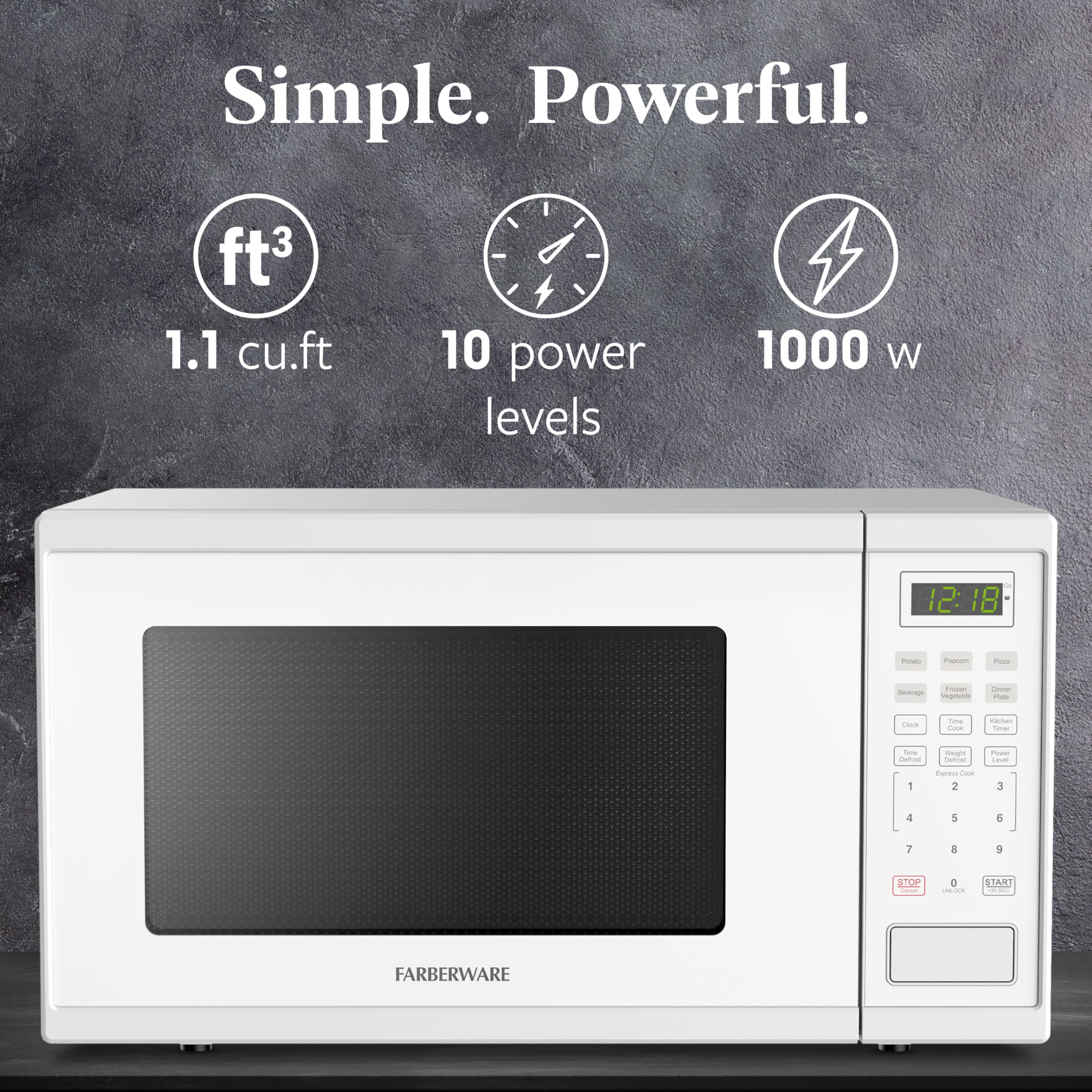 Farberware 1.1 Cu. Ft. 1000-Watt Microwave Oven Digital Control, 10 Power Levels, One-Touch Cooking, Defrost, Child Safety Lock, White