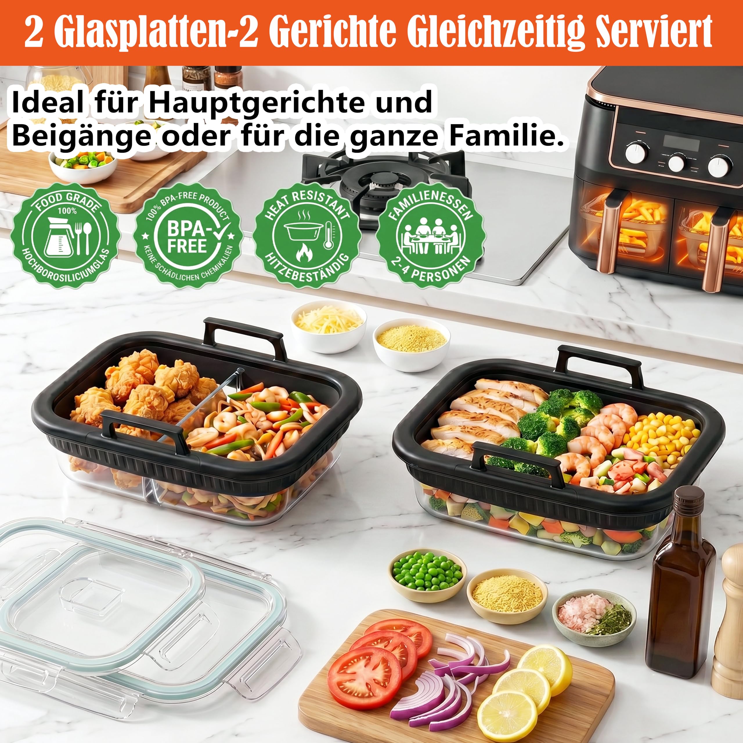 Szklane naczynie do zapiekania Airfryer, akcesoria pasujące do Ninja AF400EU/AF500EU/SL400EU/ SL400EU, 2 komory, nie zawiera BPA, odporne na wysokie temperatury, wyjmowane silikonowe