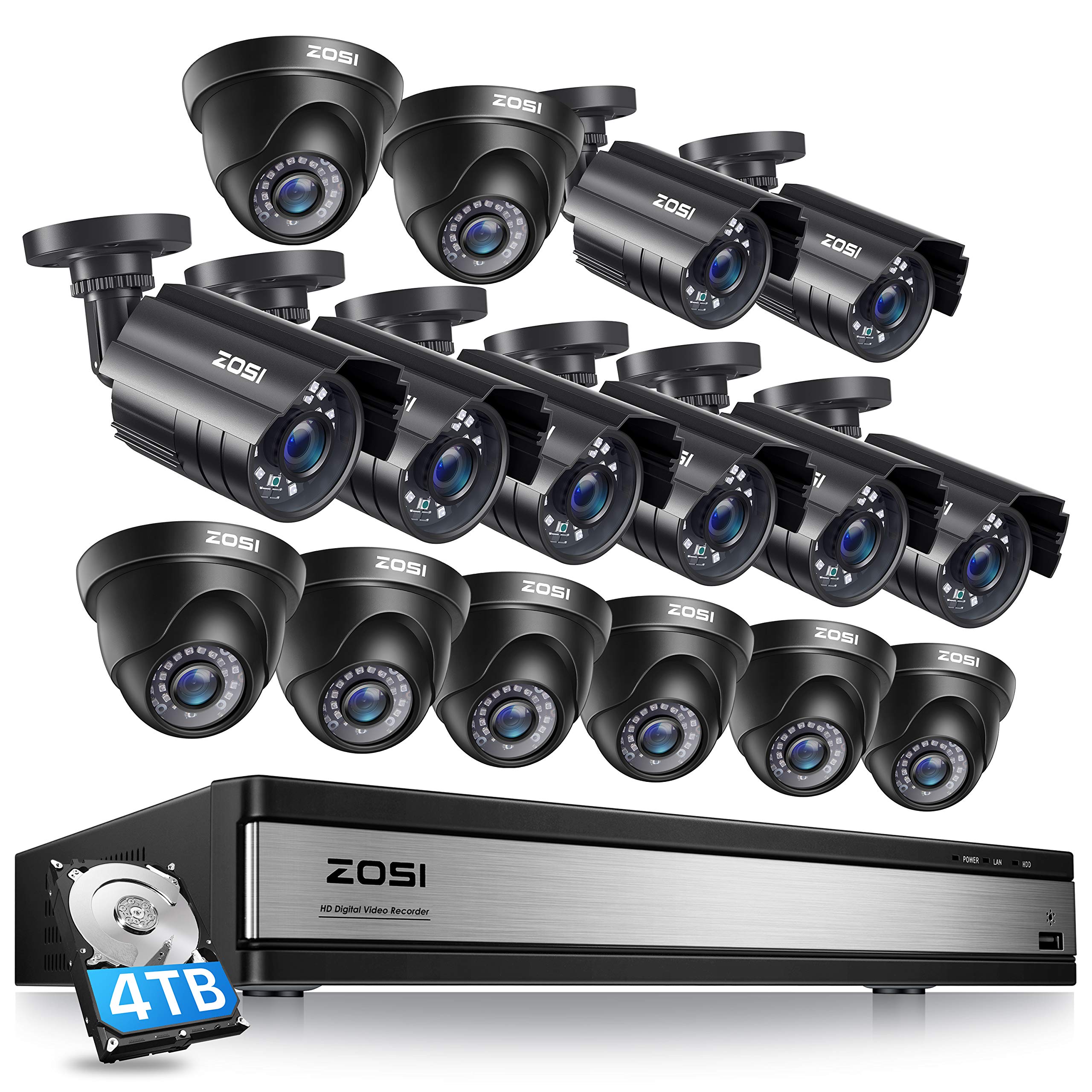 ZOSI 16CH 1080P Security Camera System Outdoor with 4TB Hard Drive 16Channel 1080P CCTV Recorder and 16pcs HD 1920TVL Outd...