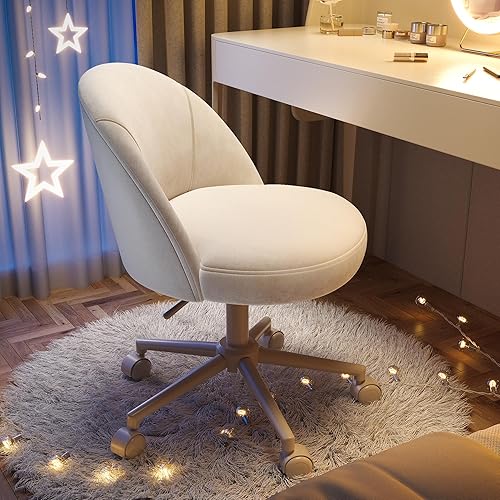 EnHomee Silla de tocador con ruedas y respaldo cómodo, bonita silla de escritorio sin brazos con giratorio ajustable para oficina en casa,