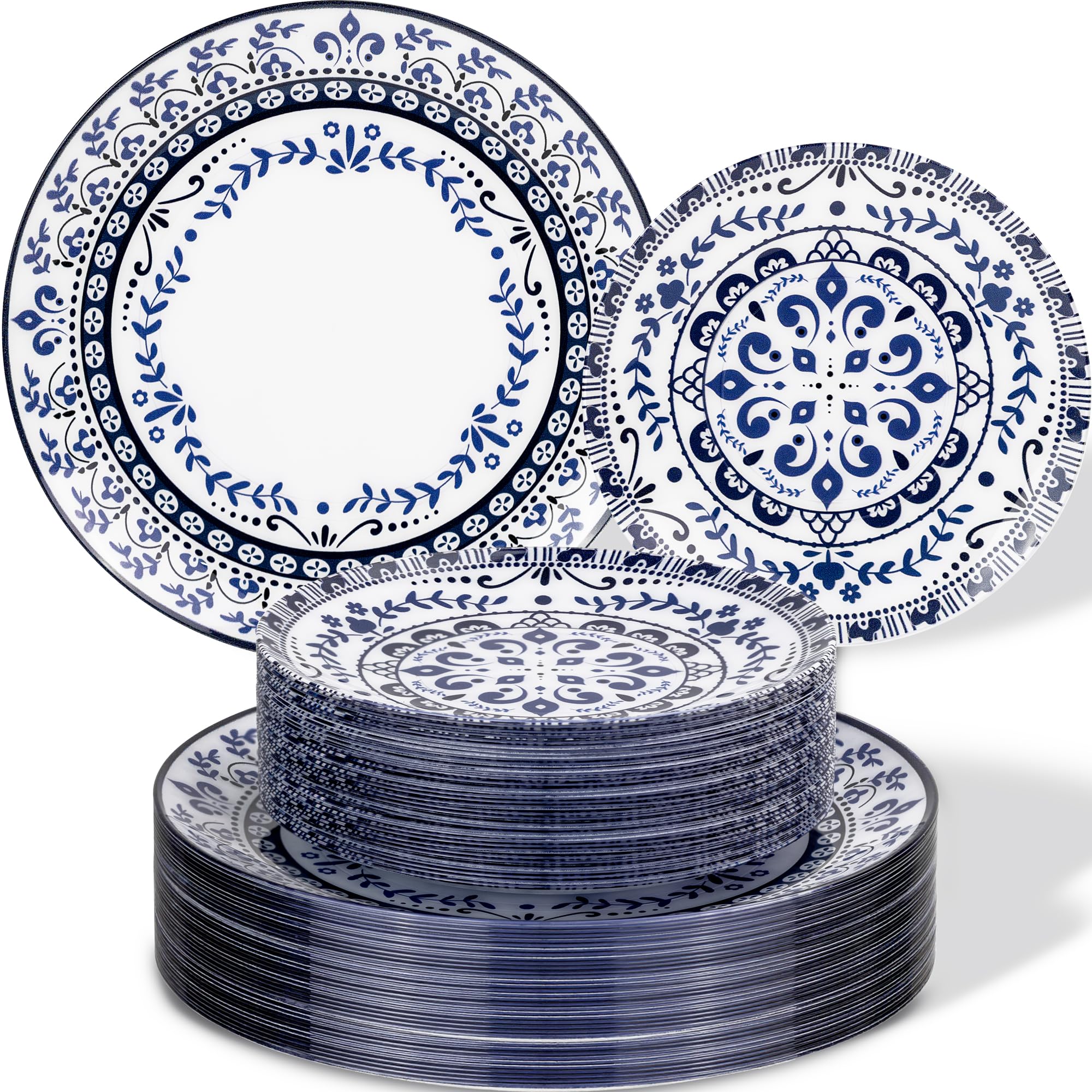 Hioasis 60pcs Blue Plastic Plates Set - Floral Blue & White Porcelain Design, 10.25" Dinner & 7.5" Dessert Plates Disposable for Wedding (Dishwasher Safe, Traditional Style)
