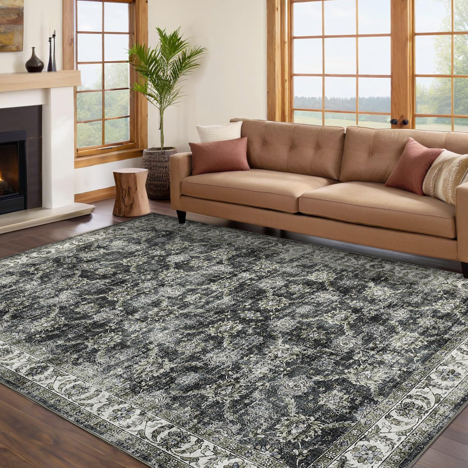 Tapis Salon Vintage Persan Lavable, Polyester Doux Ras (350 g/M²), Antidérapant TPR, Pliable, Chambre/Couloir/Cuisine