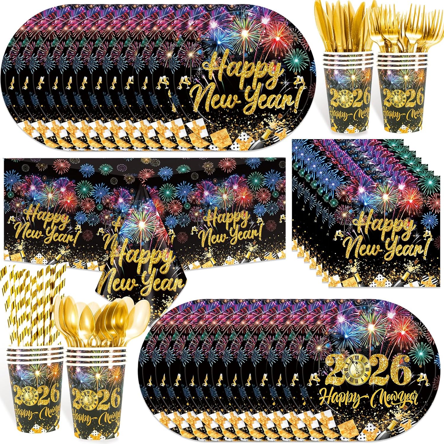 HOWAF Colorful New Year Tableware Set, New Year Eve’s Party Supplies Dinnerwear with Paper Plates, Napkins, Cups, Knife, Fork, 2026 NYE Table Cover with Firework Patterns for NYE Decors