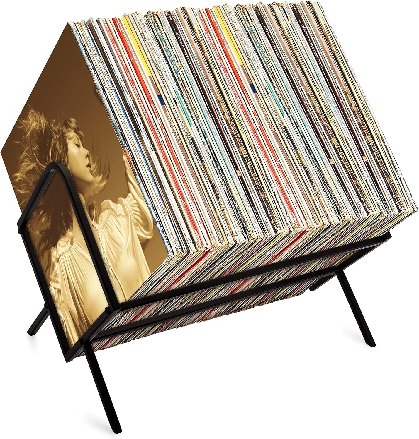 Compact Metal Vinyl Record Storage Rack with Rounded Edges and Support