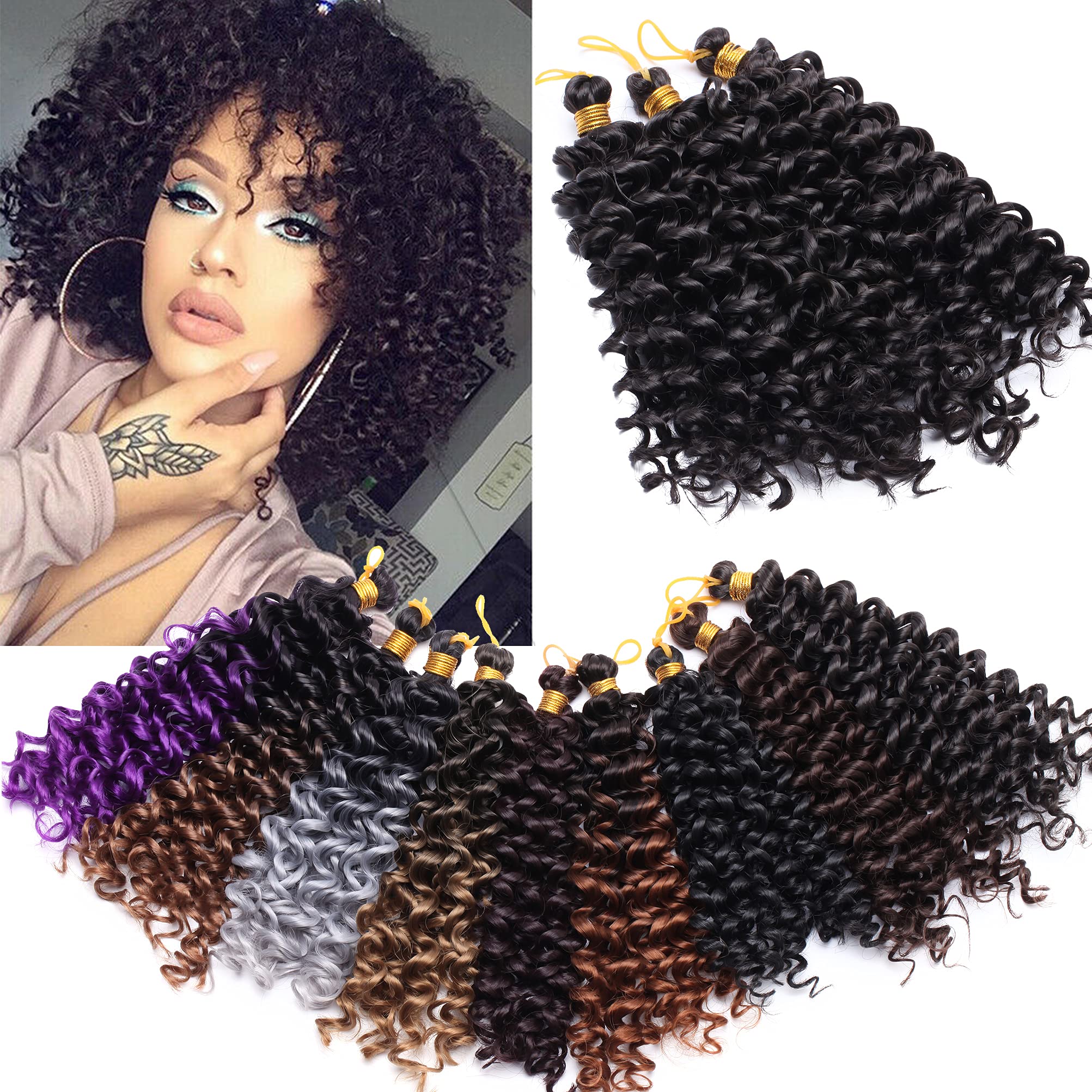 Jerry Curl Synthetic Marlybob Crochet Hair 8 Inch Kinky Curly Water Wave Braids Bohemian Curl Extension 6 Bundles Dark Brown