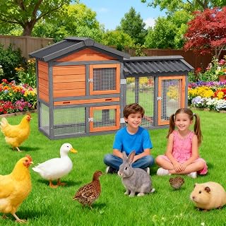 Wooden Duck Coop Outdoor Indoor,Chicken Coop,Hen House Poultry Quail Cage with Waterproof, Run, Elevated Retreat, Ramp, Door (Brown)