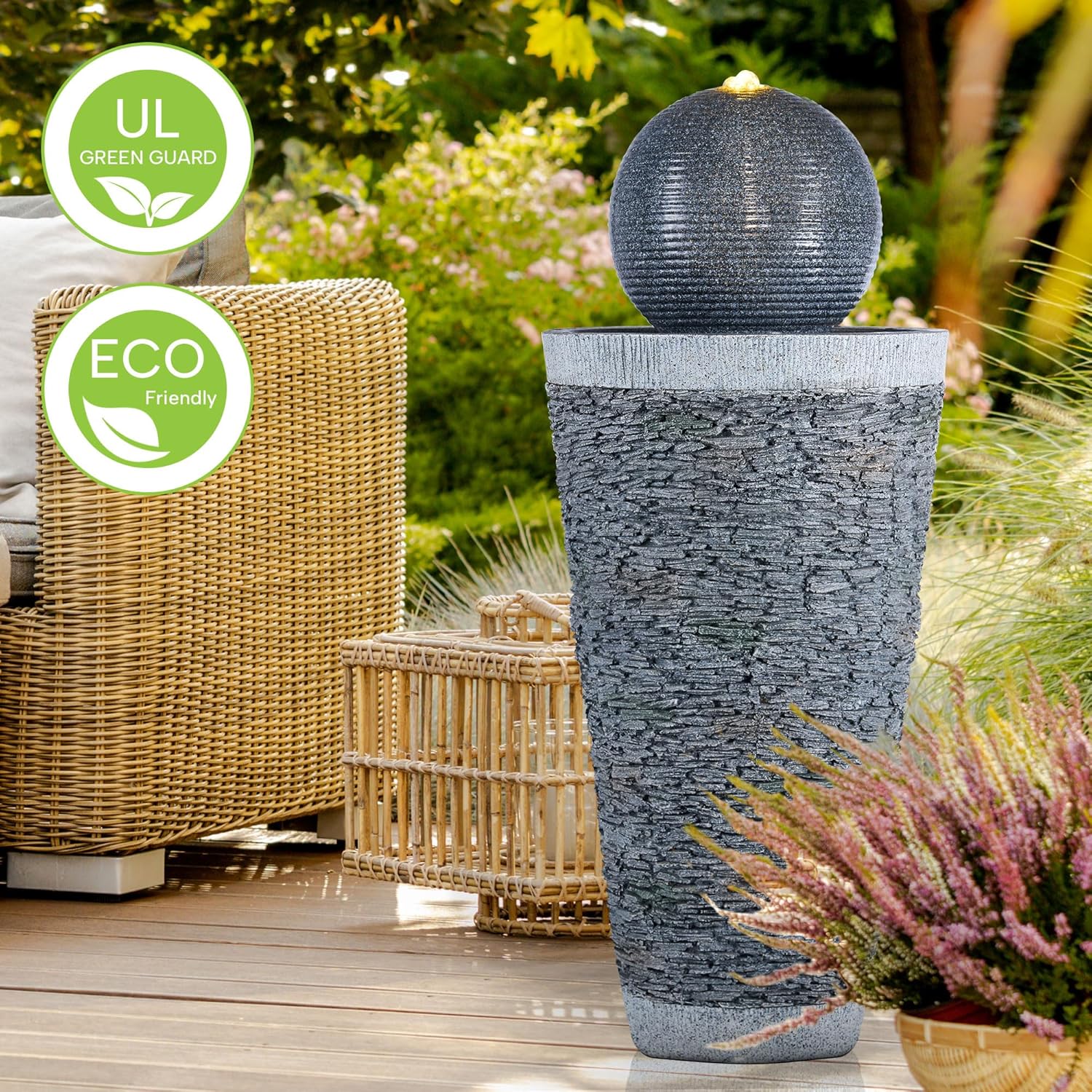 HPC Decor Modern Outdoor Sphere Fountain with LED Lighting - 28 Inch Freestanding Water Feature for Patio, Garden, Backyard, Porch, Deck - Relaxing Home Décor Art for Outdoor Spaces