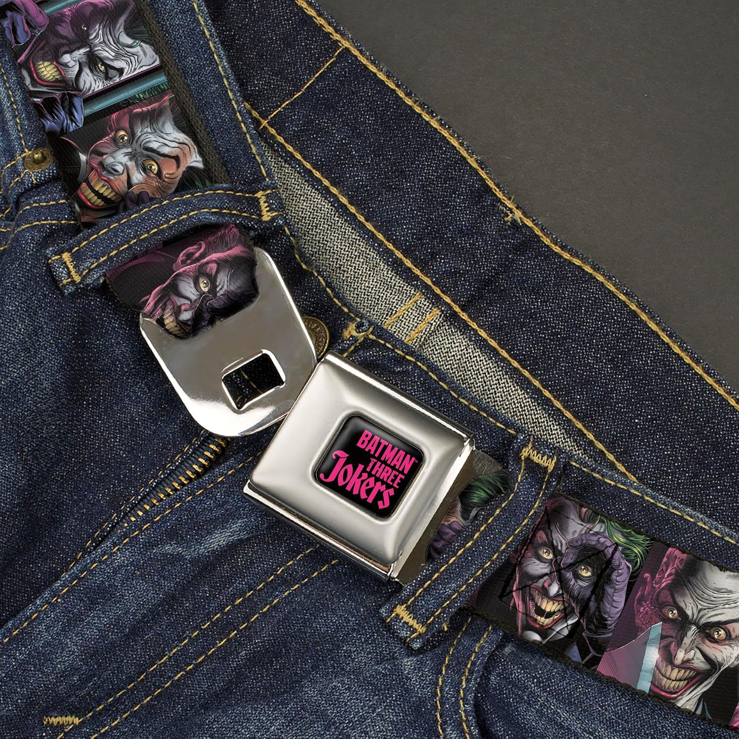 DC Comics Belt, Seatbelt Buckle Belt, Joker Comic Book Cover Face Blocks, Adjustable