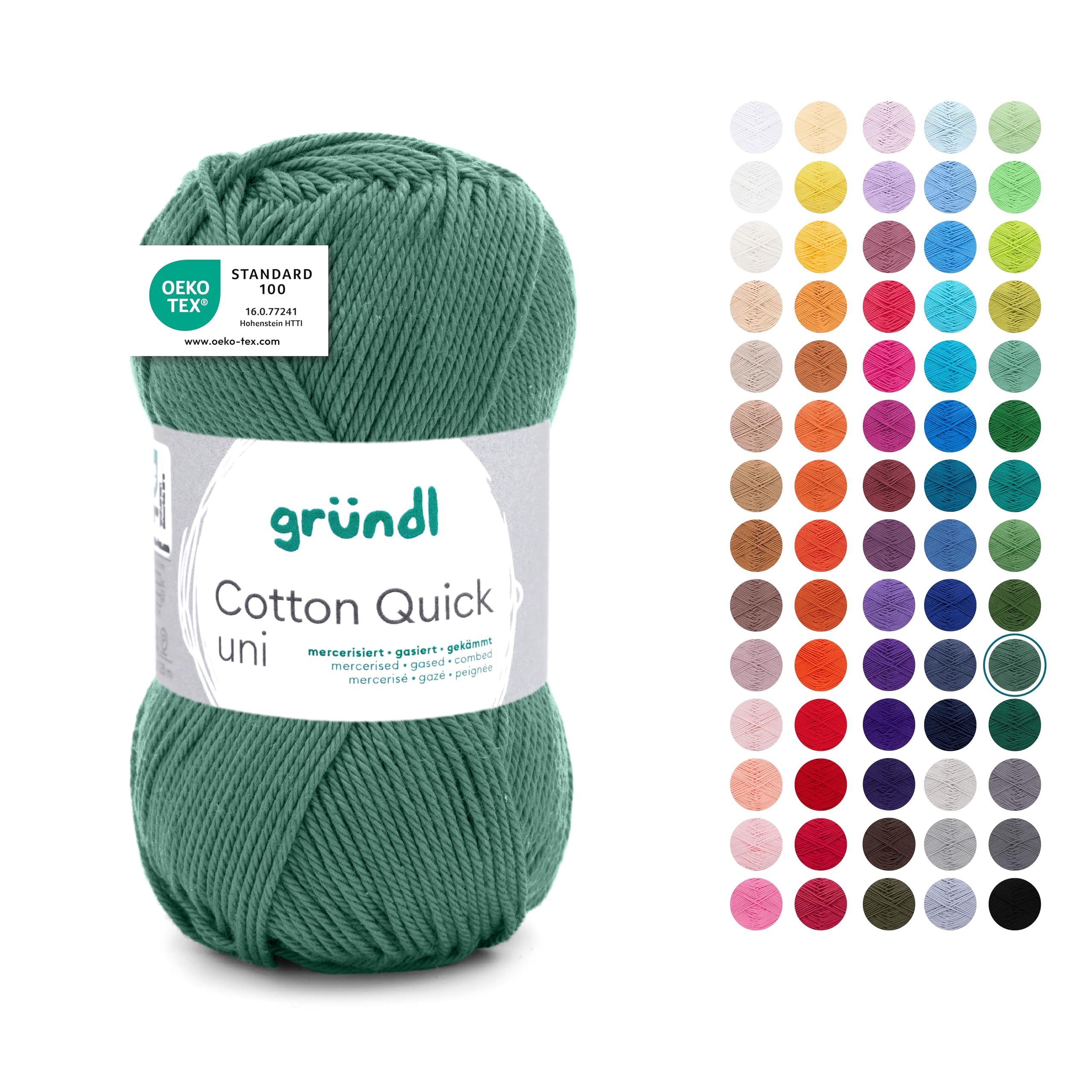 Gründl Wolle Cotton Quick uni - dünne Wolle zum Häkeln - Strickgarn - Häkelgarn - Glänzend und hautfreundlich - 100% Baumwolle - 1 Knäuel 50 g / 125 m - Nadelstärke 3-4 - grüngrau