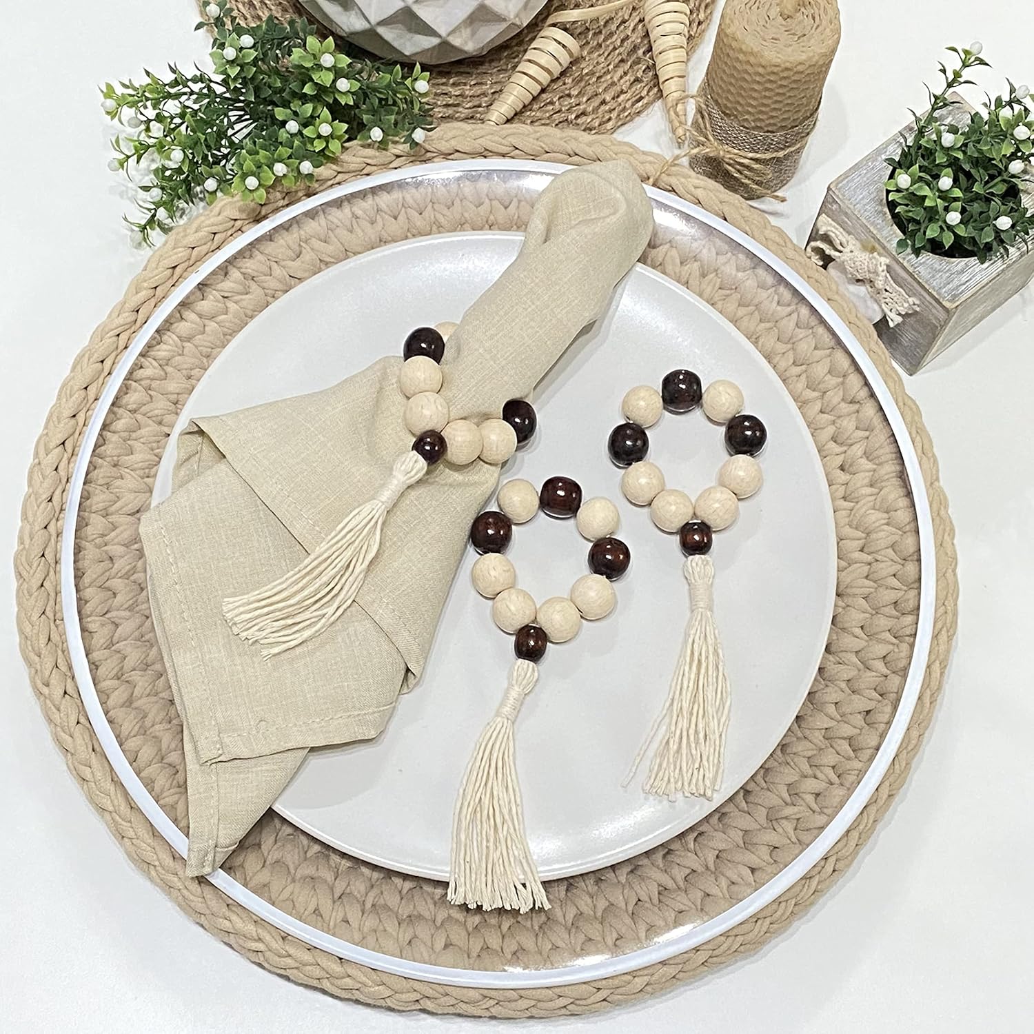 Napkin Rings Set of 6 - Wooden Beads Napkin Rings | Rustic Wooden Napkin Ring Holder for Table Decoration | Handmade LEBEJUA Napkin Ring with Wood Beads & Tassels - Farmhouse Napkin Holder Boho Style