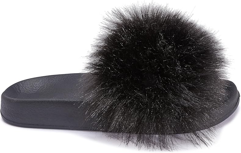 ladies black fluffy slippers