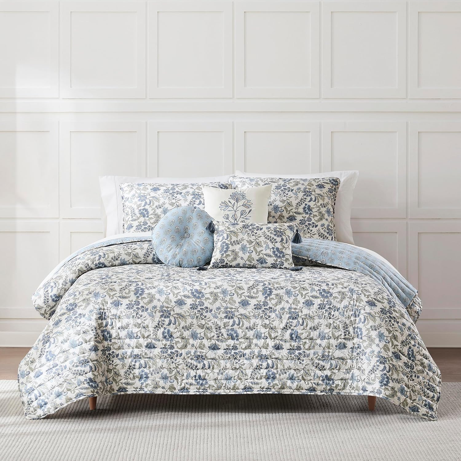 Lush Decor Lillian Block Print Reversible Quilt 6 Piece Set Full/Queen Blue & Sage - Floral Bedding Set with Pillows - Block Print Quilt - Vintage Decor