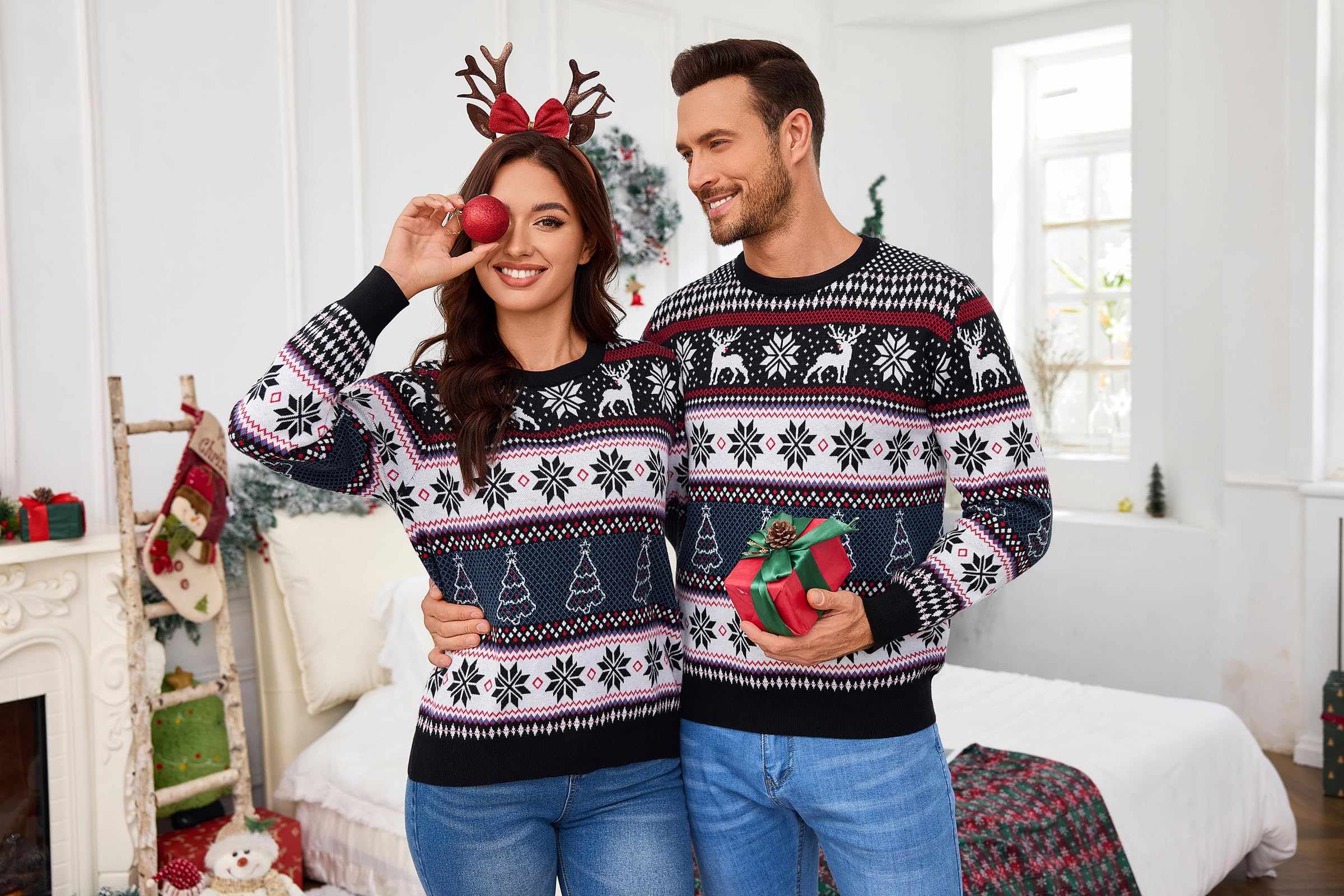 Suéter de Navidad para Hombre Punto Jersey de Invierno con Cuello Redondo Diseño de Renos y Copos de Nieve para Navidad S-XXL