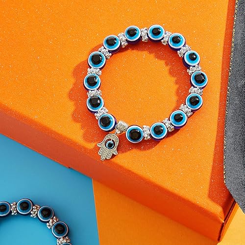 Vista 7 de Yaomiao Juego de 4 pulseras y collares contra el mal de ojo para mujer, joyería de tercer ojo, cuentas de ojos azules, pulsera elástica a mano