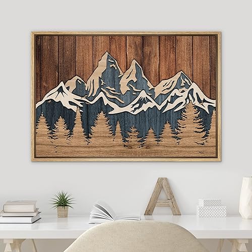 Miniatura 2 de SIGNWIN Lienzo enmarcado para pared, panel de madera, cordillera azul, bosque, naturaleza, desierto, arte digital, arte moderno, decorativo, zen,