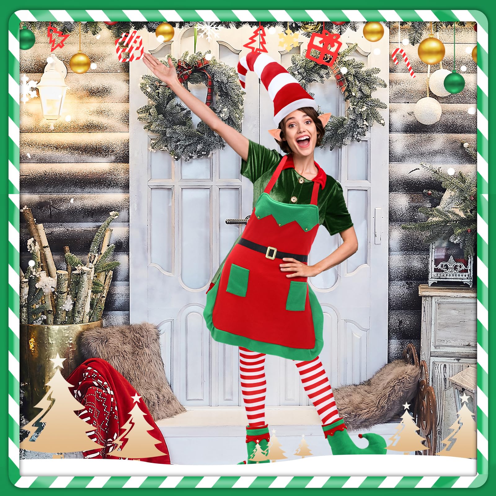 Liitrsh Juego de 10 disfraces de elfo de Navidad para mujeres adultas, 2 delantales de tela, sombrero de terciopelo, medias a rayas, orejas de elfo y zapatos