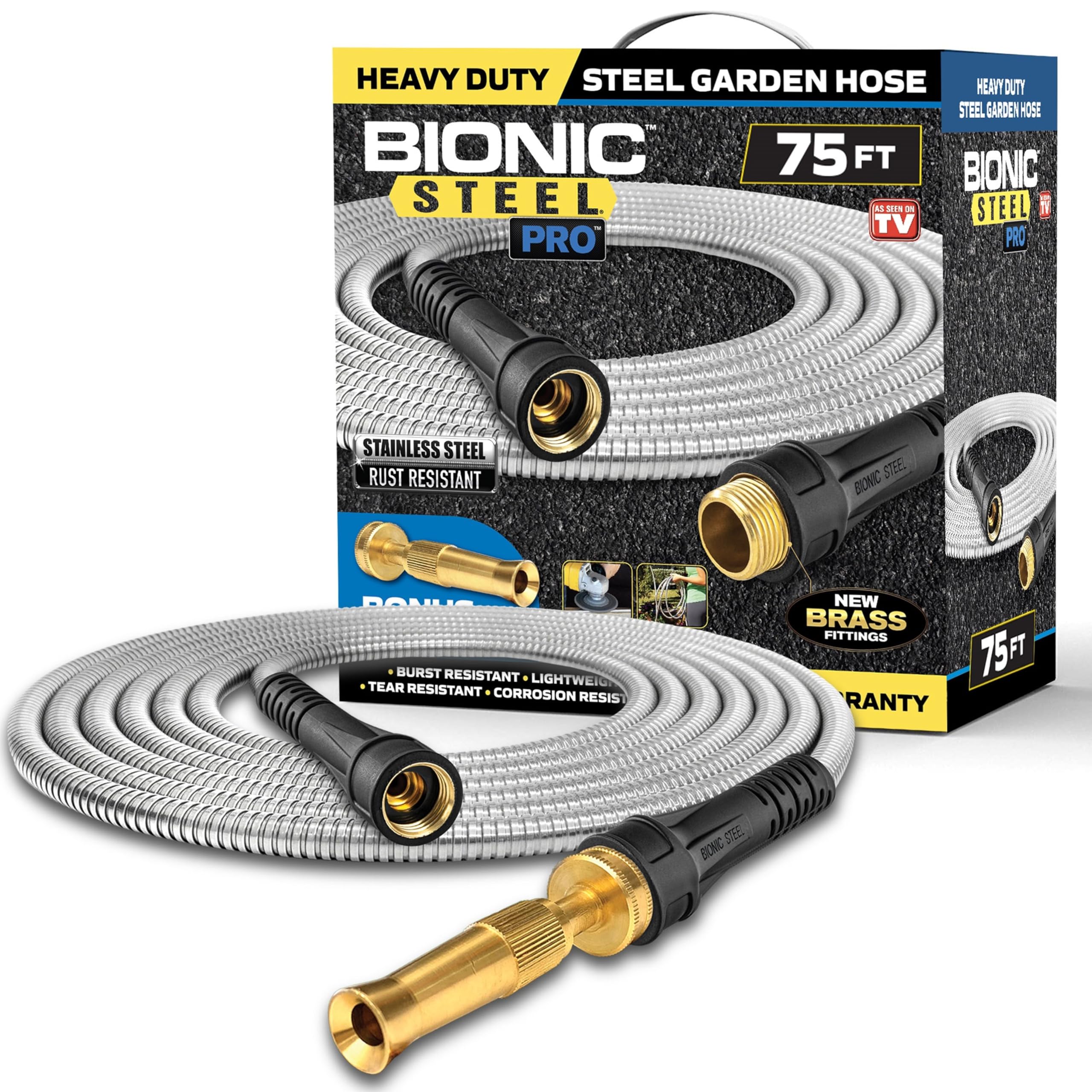 Bionic Steel PRO 75ft Garden Hose with Nozzle, 304 Stainless Steel Metal 75ft Water Hose Flexible Hose, Kink Free, Lightweight & Heavy Duty, Crush Resistant Fitting, Easy Coil, 500 PSI 2025 Model