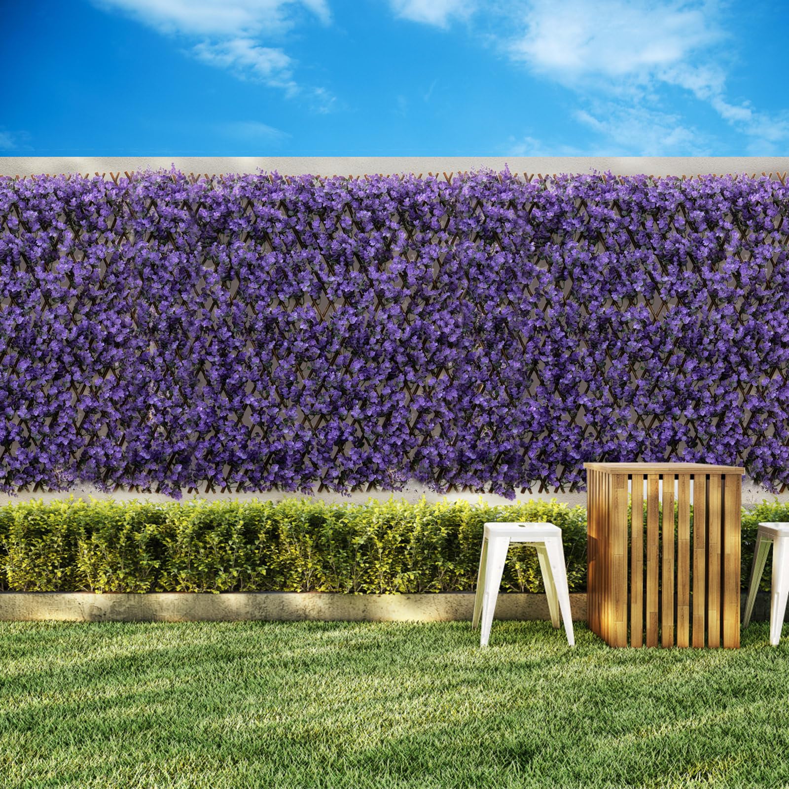 RELAX4LIFE erweiterbare Pflanzenwand, dekorativer Sichtschutzzaun aus künstlichem lila Eucalyptus, sonnenschützende deko Pflanzen Paneele für Garten & Balkon & Hauswand & Terrasen (Lila)