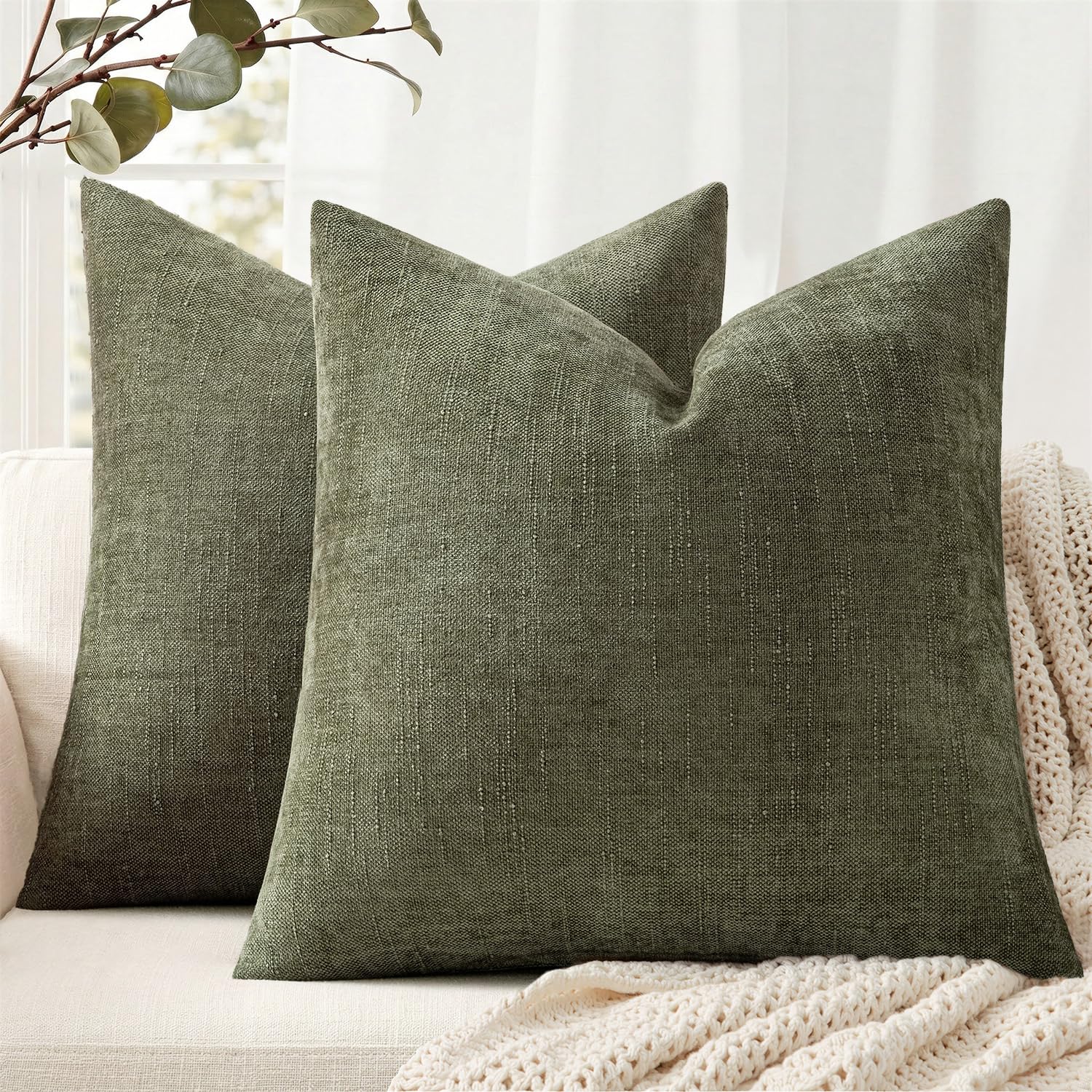 ANRODUO Confezione da 2 federe decorative in morbida ciniglia verde oliva