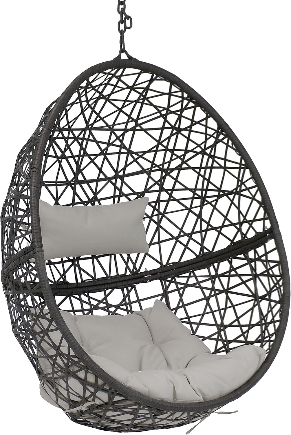 Sunnydaze Caroline Hanging Resin Wicker Egg Chair - 265-Pound Weight Capacity - Removable Gray Polyester Cushions