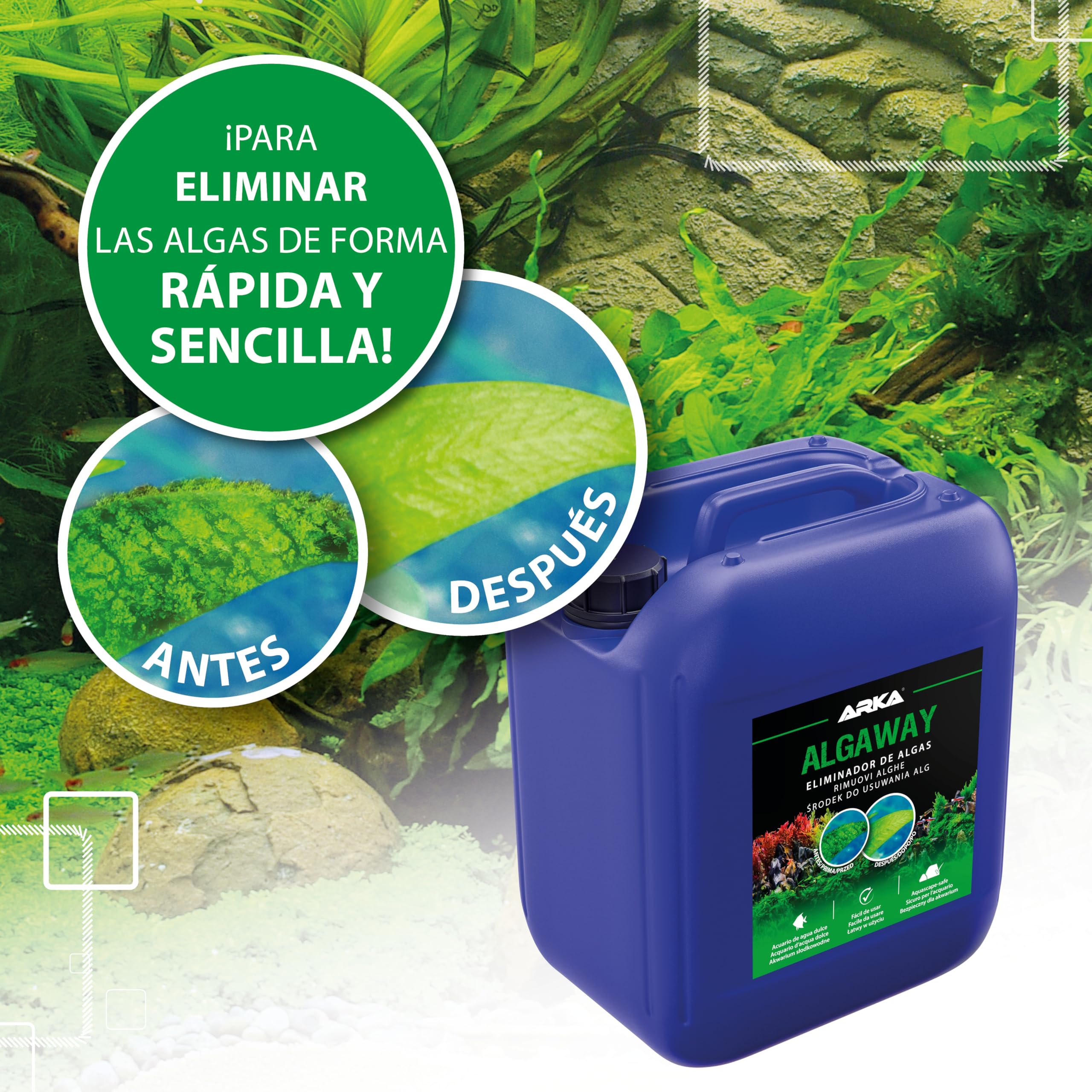 Eliminador de Algas para Acuario 5000 ml – ARKA Algaway – Tratamiento contra Algas filamentosas, Verdes y puntuales – sin Cobre y Seguro para Plantas – Agua Clara y Saludable – acuarios de Agua Dulce