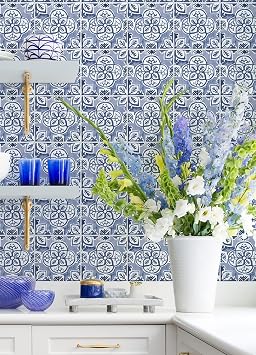 WallPops, Caeli Peel & Stick Wall Tiles, Blue, Peel and Stick Floor Tile, Geometric, Art Deco, Semi-Matte, Self-Adhesive, Square, 6.2-in x 6.2-in Each Tile (Pack of 12 Tiles)