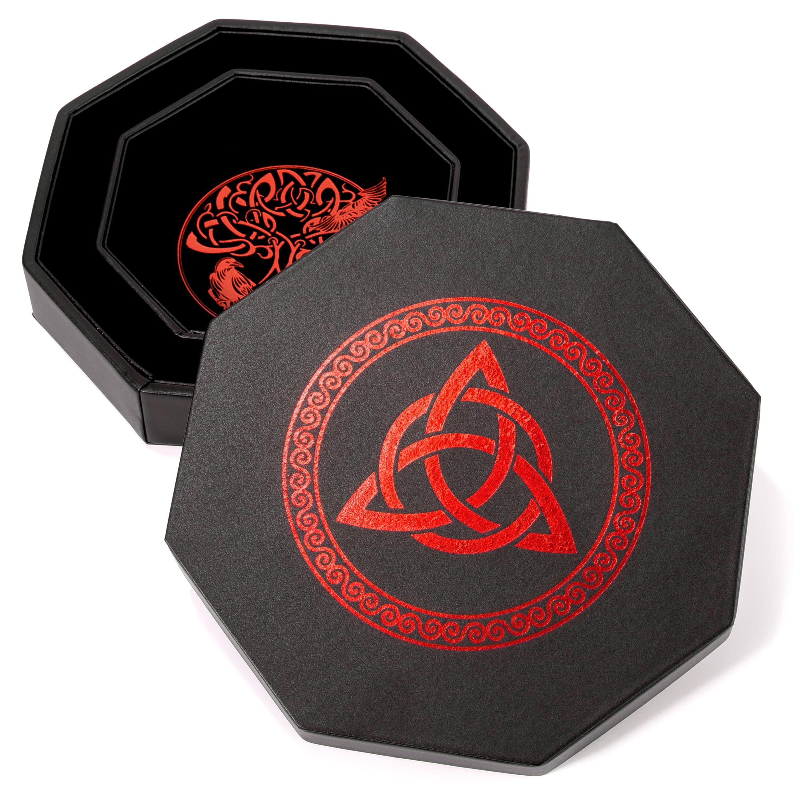DND - Bandeja de dados de 8 pulgadas, diseño de mazmorras y dragones de alta calidad, diseño exquisitamente detallado de árbol del mundo rojo y triquetra, perfecto para enrollar y almacenar tus dados