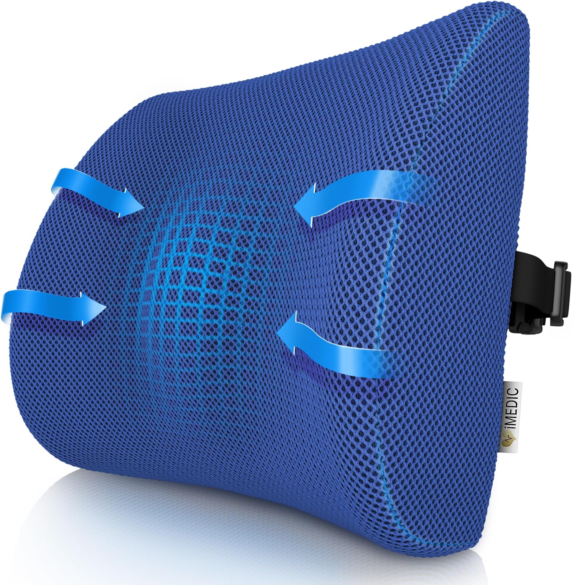 Medipaq 3D Mesh Back Lumbar Support Cushion with Adjustable Elastic Strap - Back Support for Office chair - Lumbar Support Cushion for Car - Back Support Cushion with Air Circulation - Blue