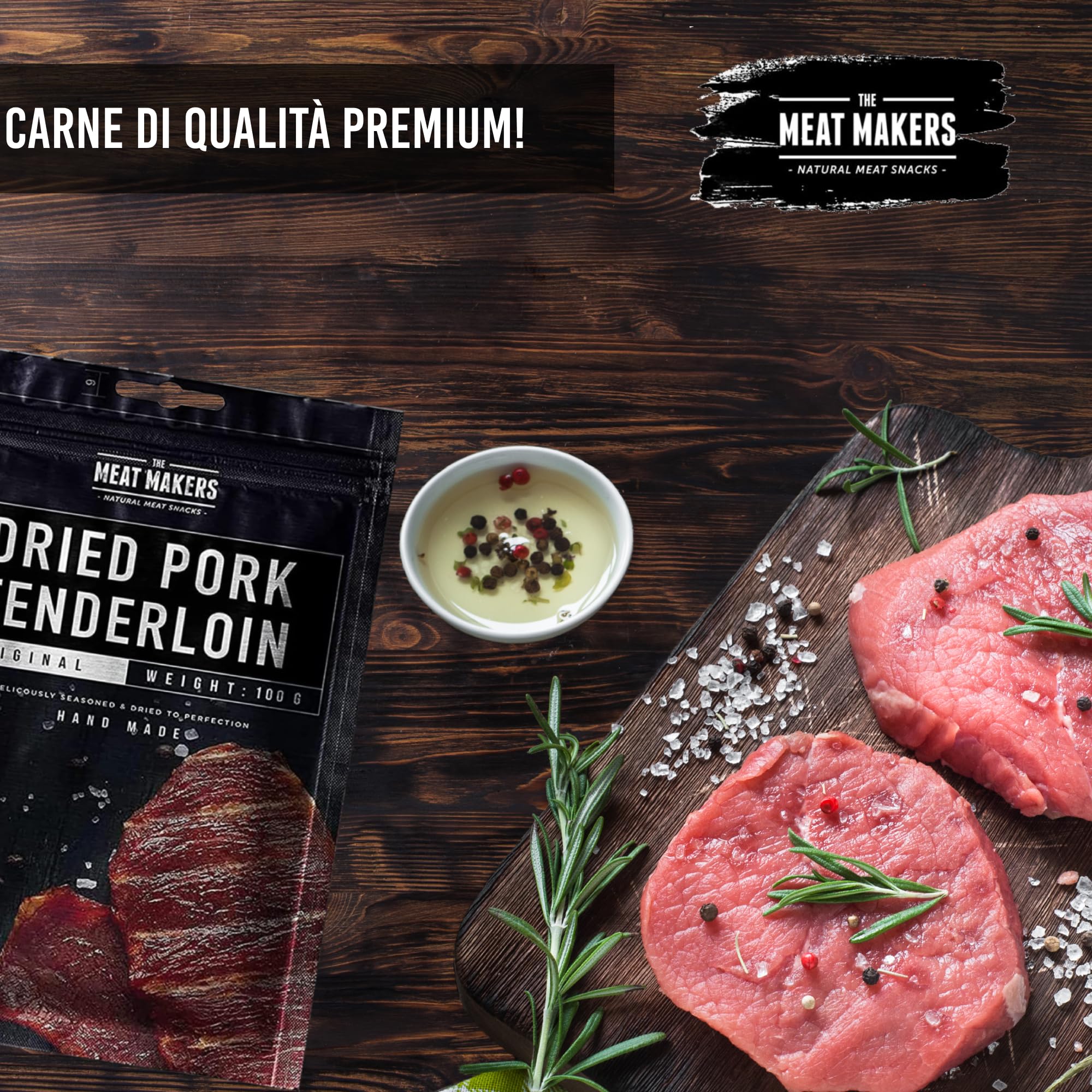 THE MEAT MAKERS - Dried Pork Tenderloin Pork Jerky 500g - Carne di Maiale Jerky, Carne Essiccata Per Umani, Protein Snack, Carne Secca Proteica. Ottima alternativa snack di carne essiccata beef jerky