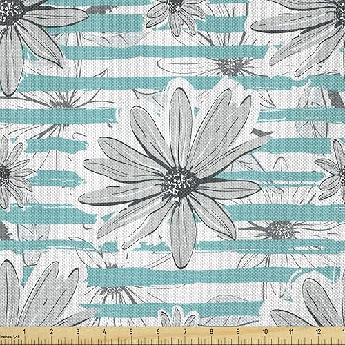 Ambesonne Garden Art Fabric by The Yard, Blossoming Spring Flowers with Hand Drawn Horizontal Stripes Chamomiles, Decorative Satin Fabric for Home