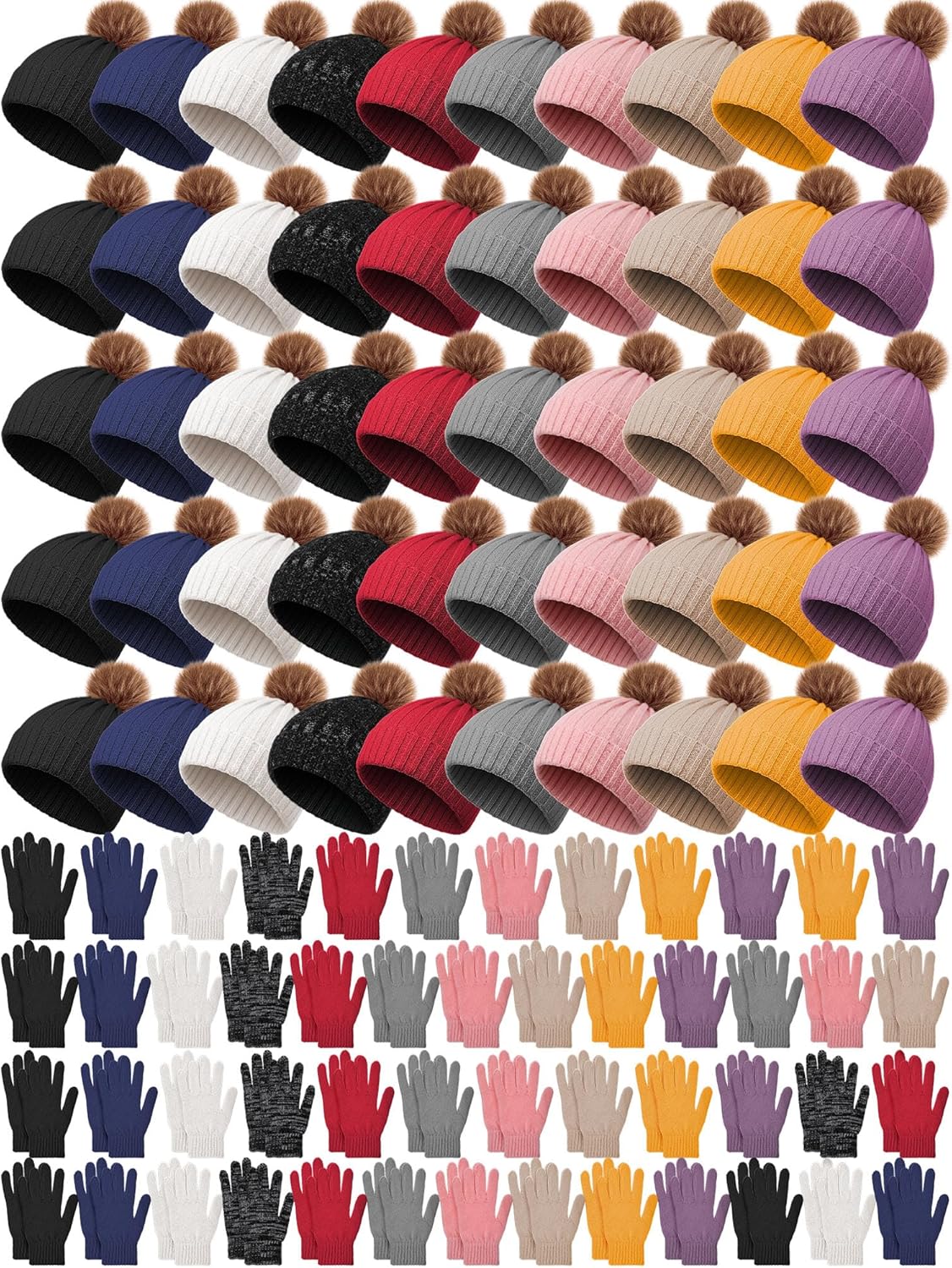 JaGely 100 Pcs Kids Beanies Hats and Gloves Set Bulk for Girls Boys Winter Warm Knitted Beanies Anti-slid Gloves with Grips