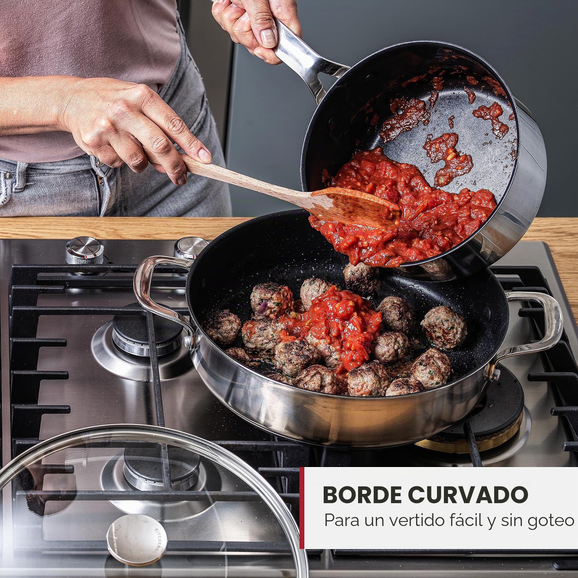 KitchenAid Stainless Steel Batería de Cocina Antiadherente de Acero Inoxidable con Tapa, Apto para Todo Tipo de Cocinas, Inducción, Horno y Lavavajillas, 20/24 cm + Cazo 16 cm/1,5L, 5 piezas