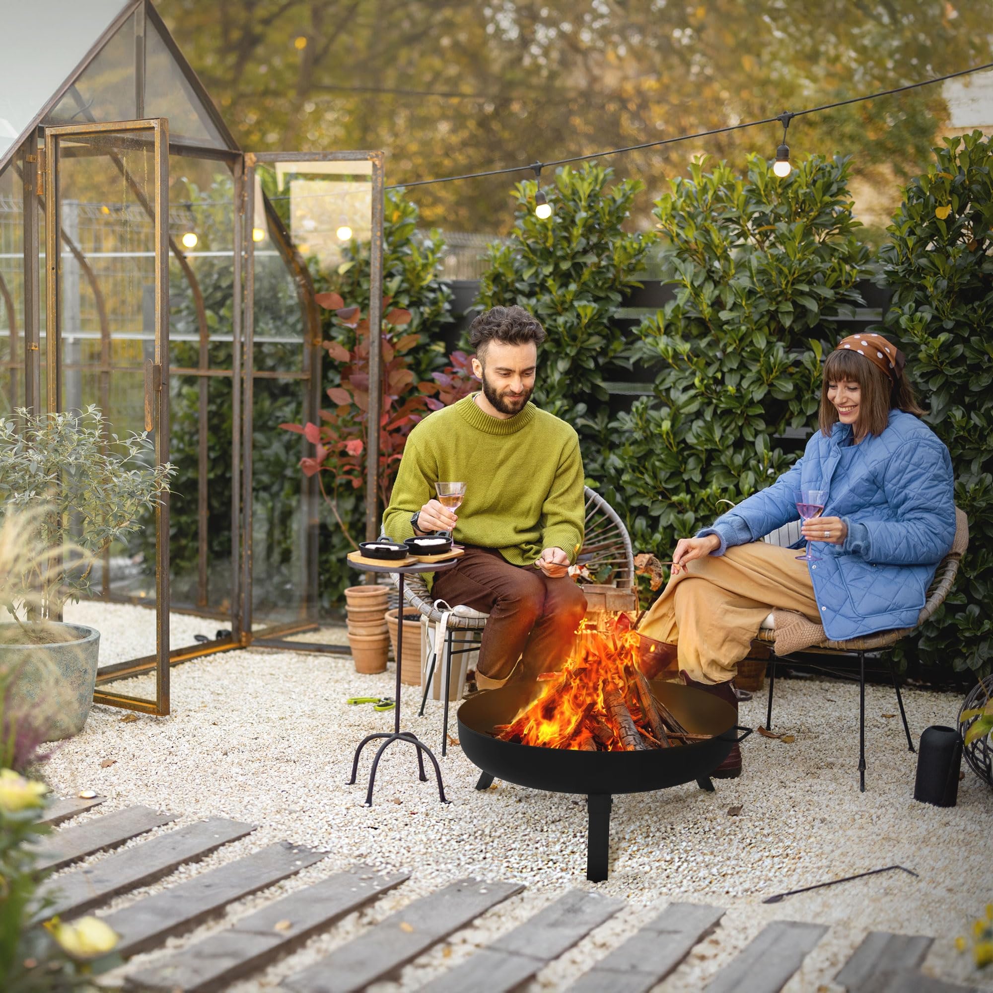ECD Germany Cuenco de Fuego 60 x 27 cm Brasero Exterior Redondo de Acero con 3 Patas Plegables y Asas de Transporte, Fire Bowl Negro con 2 Agujeros de Drenaje Ideal para Barbacoas de Jardín o Camping